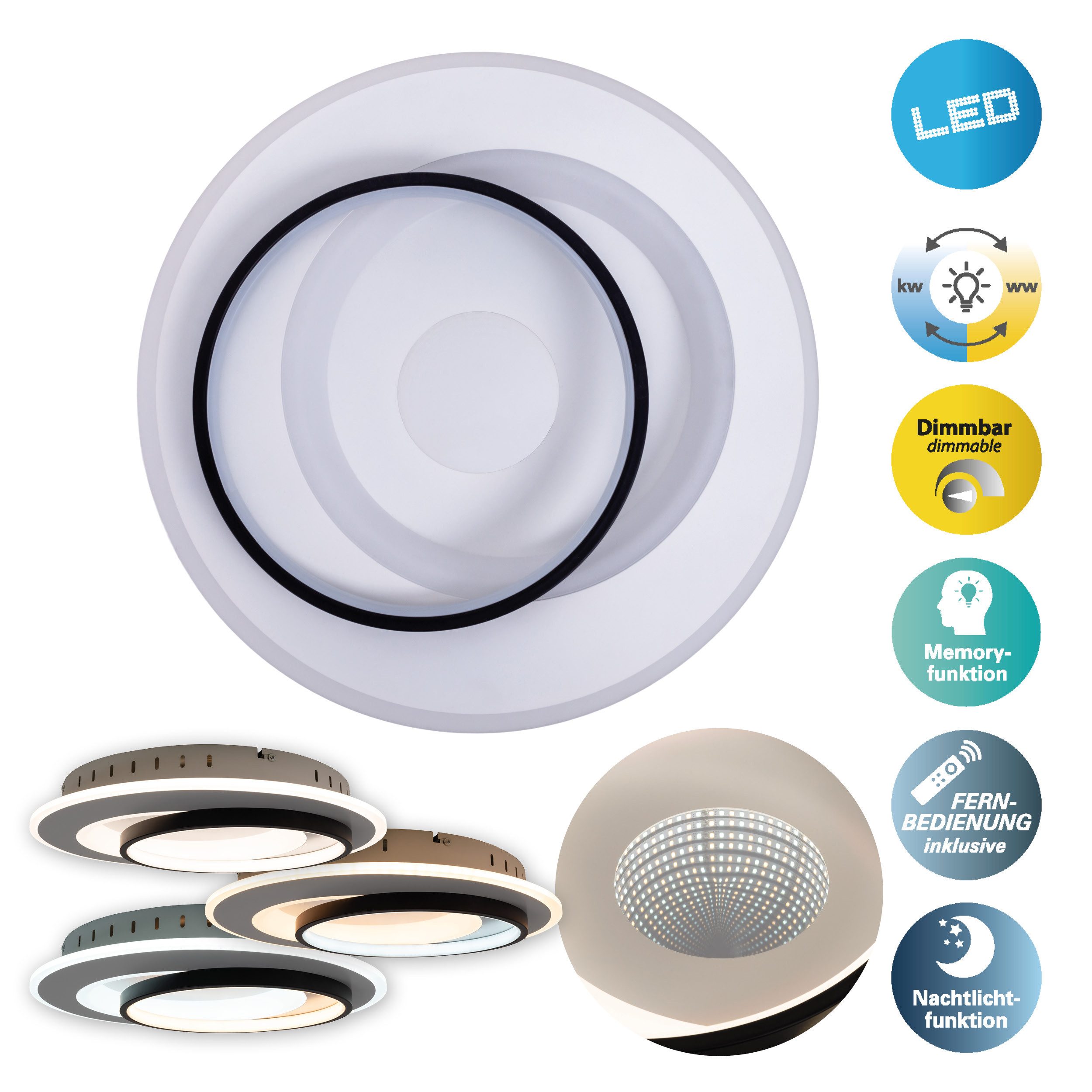 näve LED Deckenleuchte Malea, CCT - über Fernbedienung, Dimmfunktion, Memoryfunktion, Nachtlichtfunktion, dimmbar über Fernbedienung, mehrere Helligkeitsstufen, LED wechselbar, warmweiß - kaltweiß, dimmbar per Fernbedienung, CCT, Memory, Nachtlicht, D: 49 cm, weiß