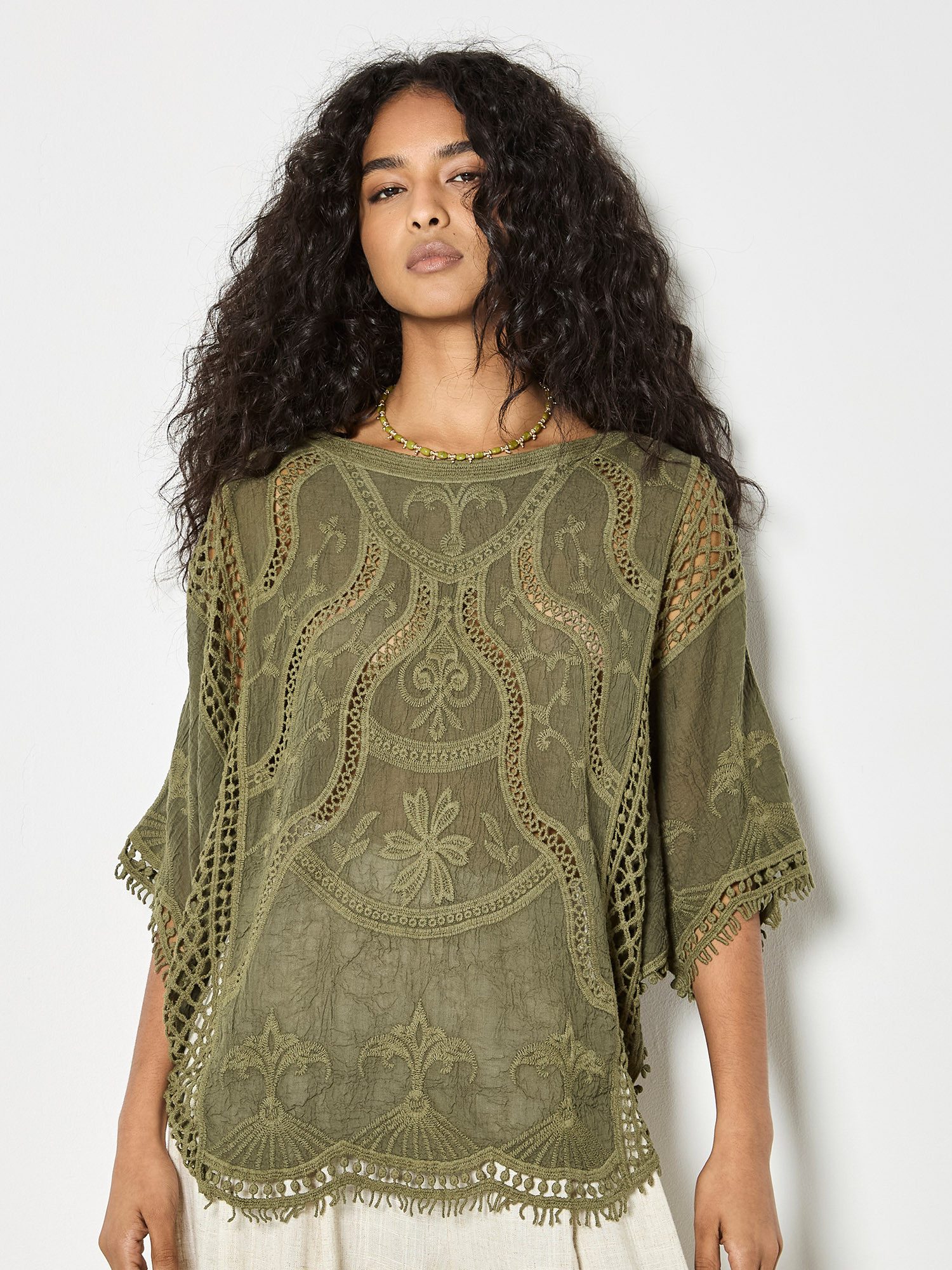 Apricot Spitzenshirt Top aus Baumwollmischung mit Häkelstickerei Spitzenmuster