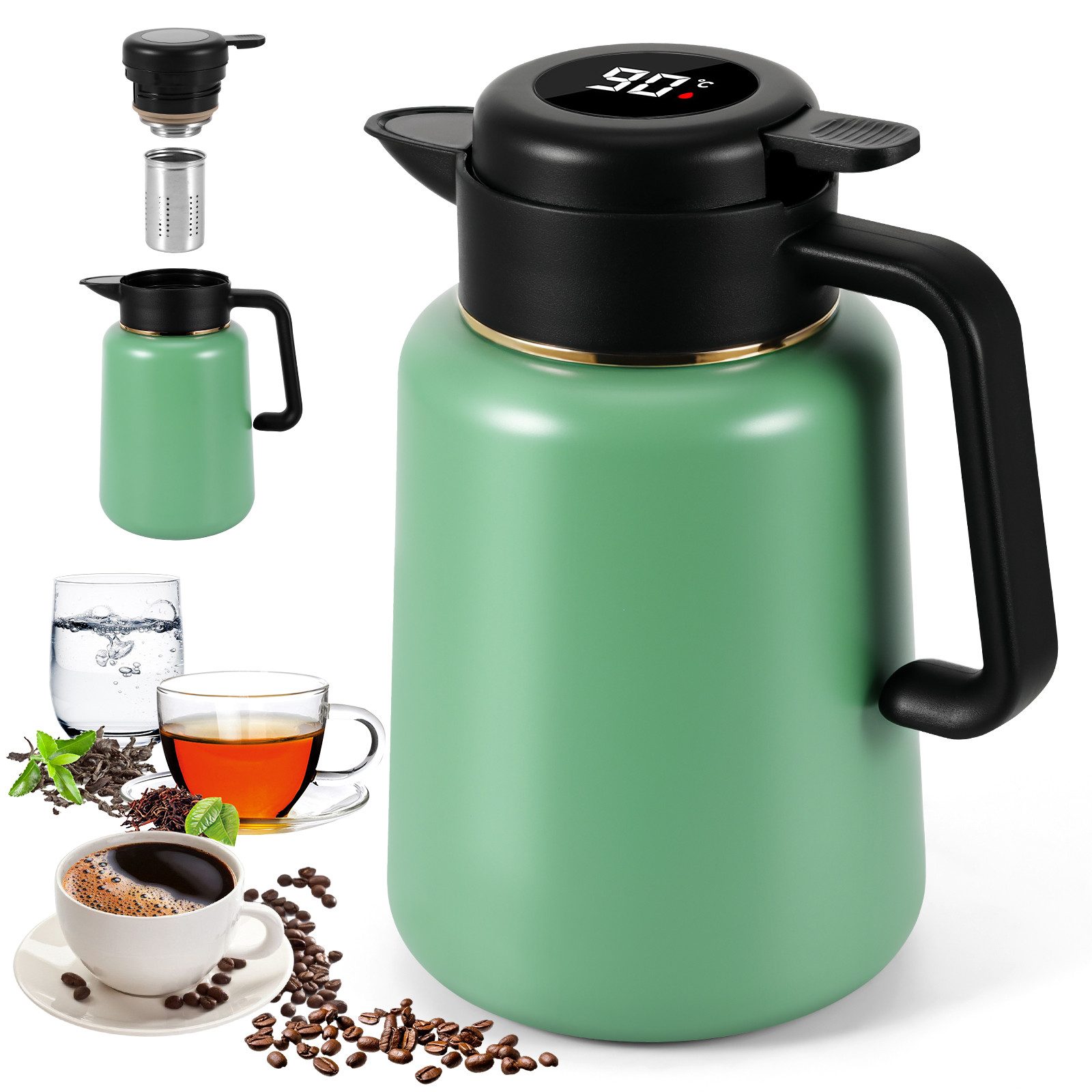 BlingBin Isolierkanne 316 Edelstahl Thermoskanne 1,8-Liter mit Temperaturanzeige und Teesieb, 1.8 l, (1er Set, 1-St., Produktabmessungen: 23 × 17 × 14 cm), Dichtes Thermosgefäß Kaffeekanne für Kaffee, Tee und Milch, Hellgrün