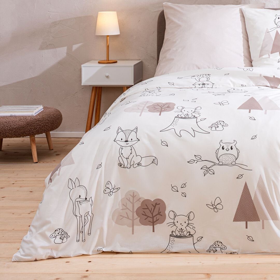 MTOnlinehandel Bettwäsche Waldtiere Eule Rehkitz Maus Fuchs 135x200 + 80x80 cm, 100 % Baumwolle, Renforcé, 2 teilig – Bild 4 von 5
