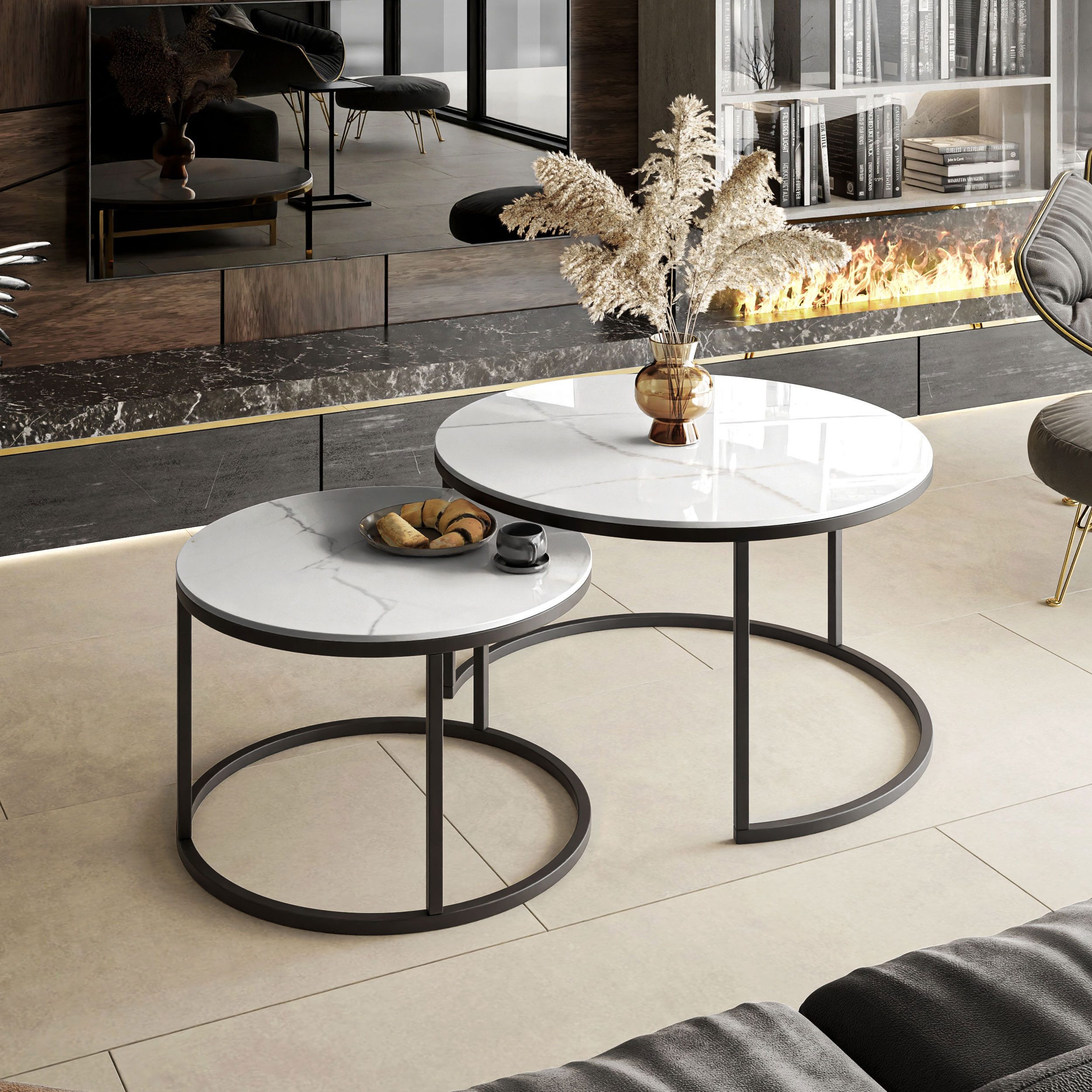 Lookway Couchtisch SELAVI 2er Tisch-Set mit Metallgestell (2er Set), Durchmesser: ⌀80 cm und ⌀60 cm