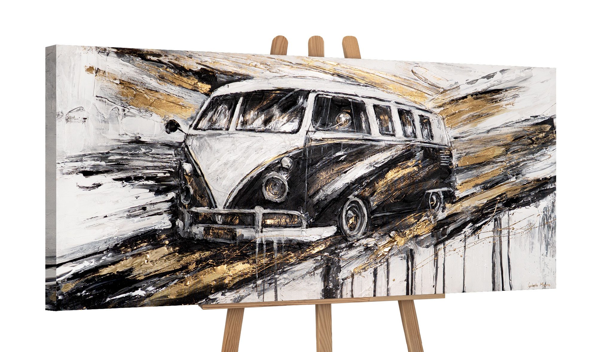YS-Art Gemälde Leinwandbild Auto, Wandbild Reisen, Vergangenheit, Car, Gold, Rot