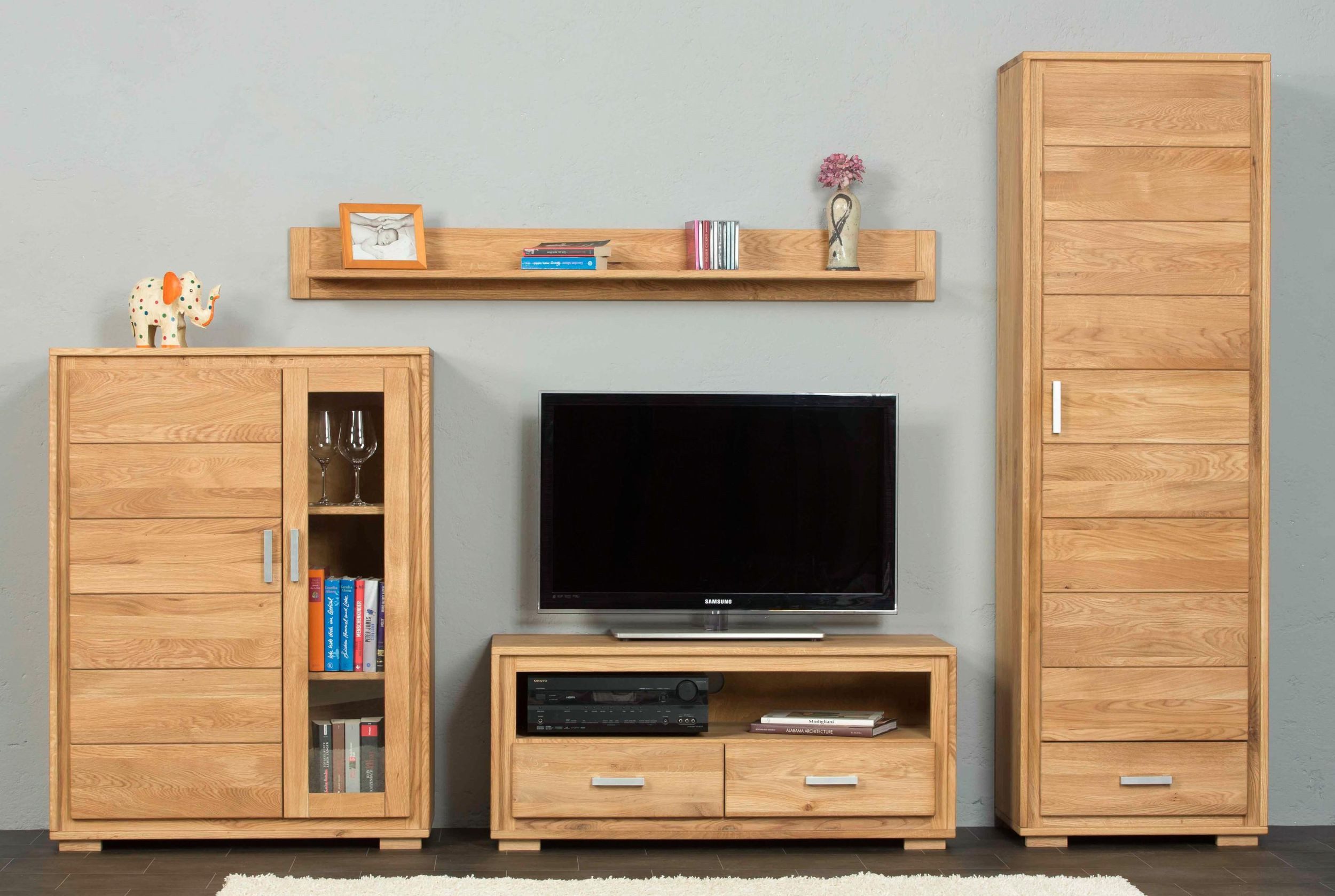 Trendmöbel24 Wohnwand Wohnwand Basel Set IIX 4-teilig Wildeiche Massivholz geölt, (Komplett-Set, 4-St., Schrank, Lowboard, Halb-Vitrine, Wandboard)
