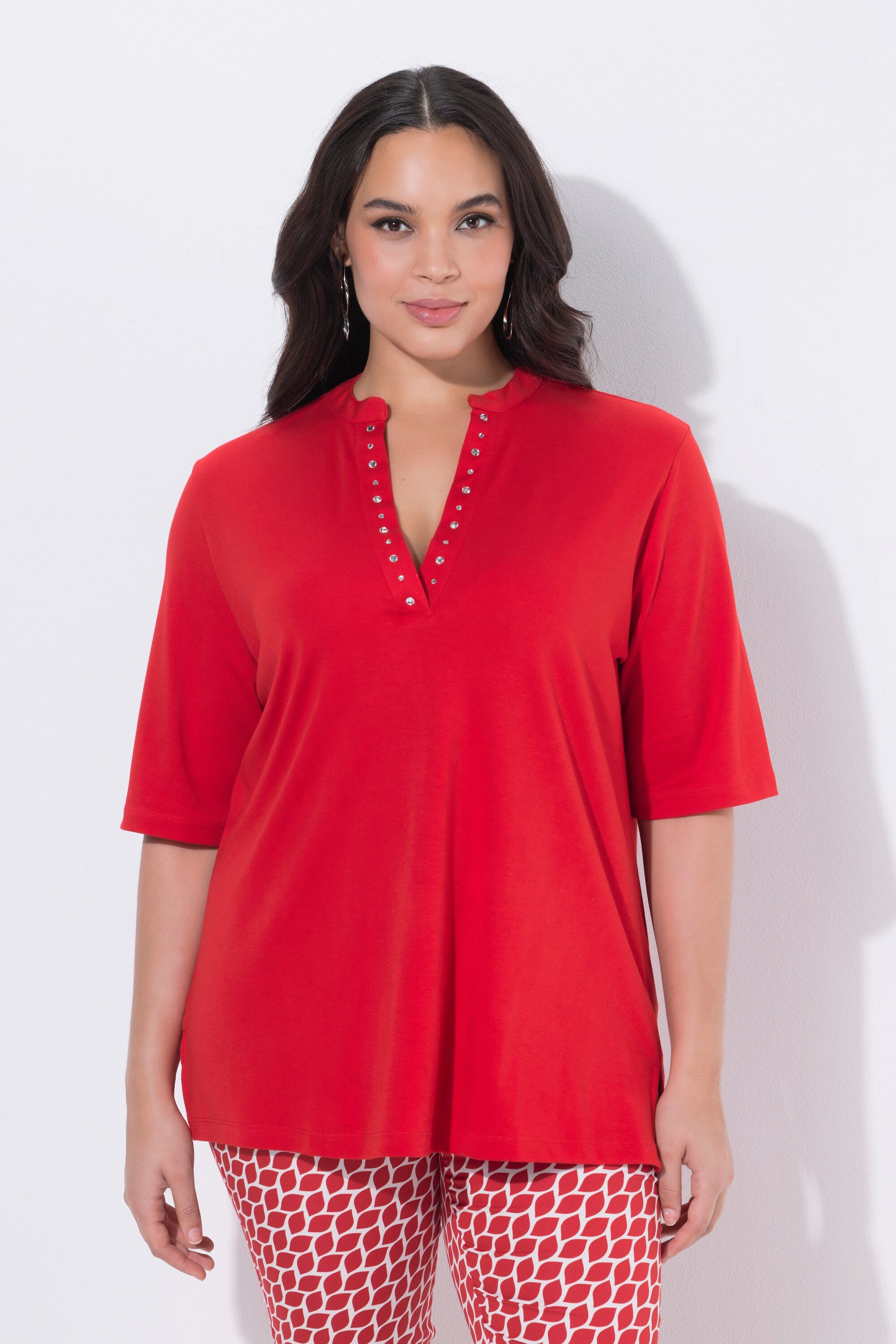T-Shirt T-Shirt Ziersteine Stehkragen Halbarm Pima Cotton