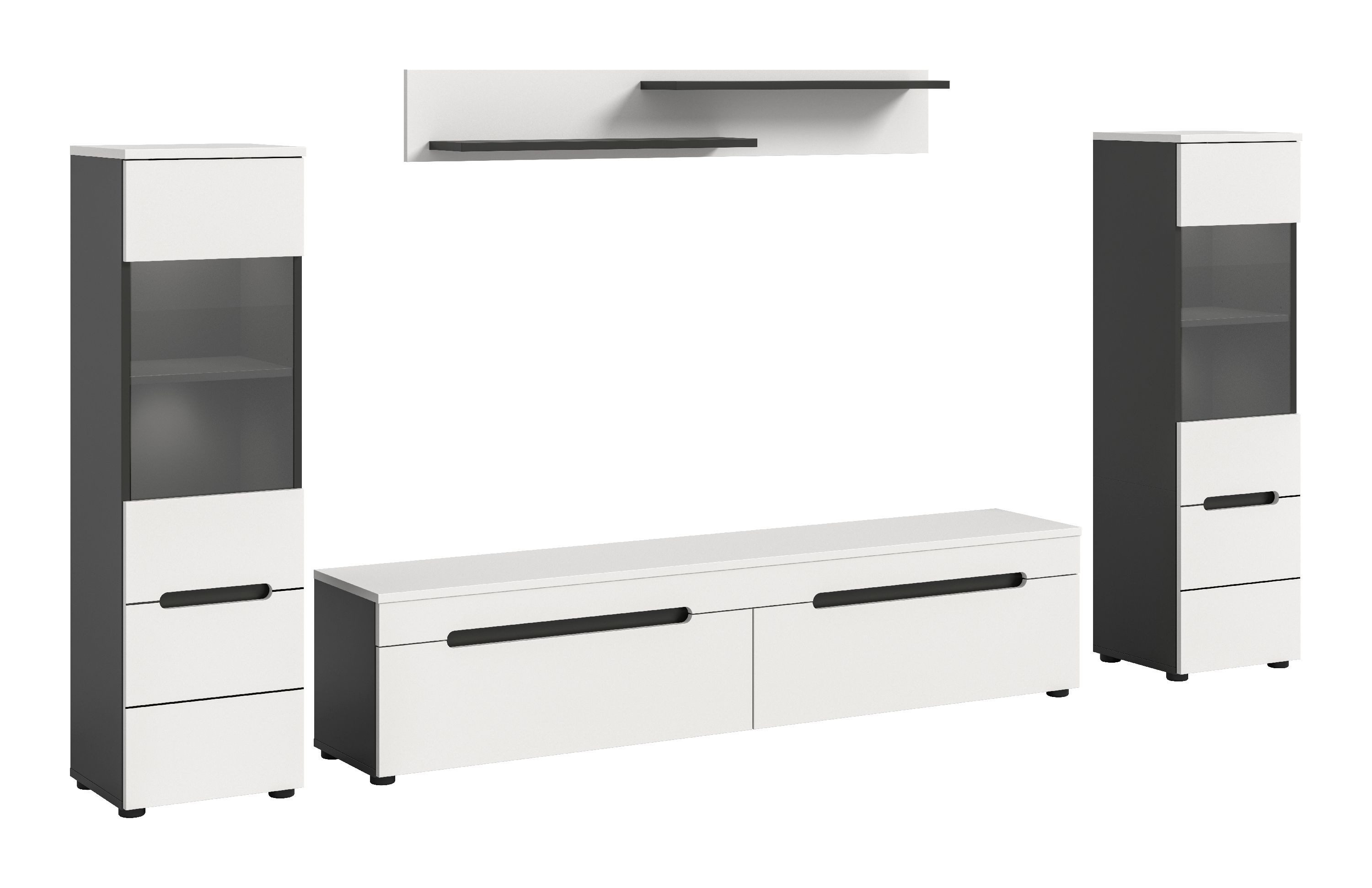 xonox.home Wohnwand Canu, (4tlg. Set inkl. Vitrine, Lowboard, Wandboard), Basalt grau Melamin beschichtet modern 272x141x33 cm