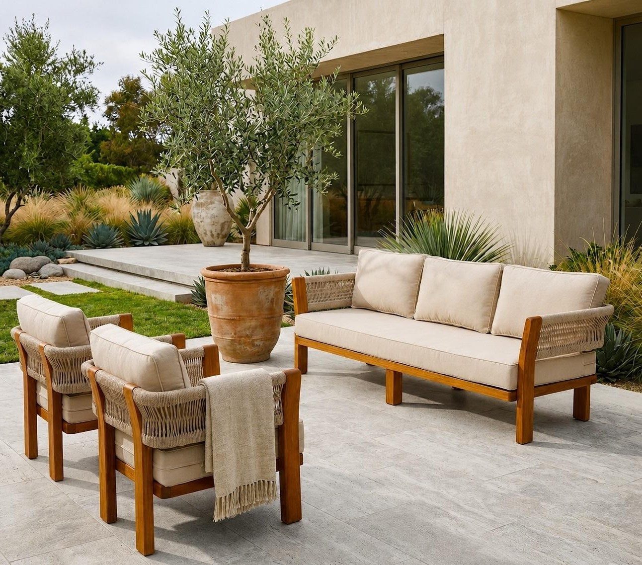 Xlmoebel Gartensofa Gartenlounge Set 3-Sitzer Sofa Sessel Beige Elegant Komfortabel Neu, 3 Teile, Elegantes Design, Komfortabel, Ideal für Terrasse/Balkon