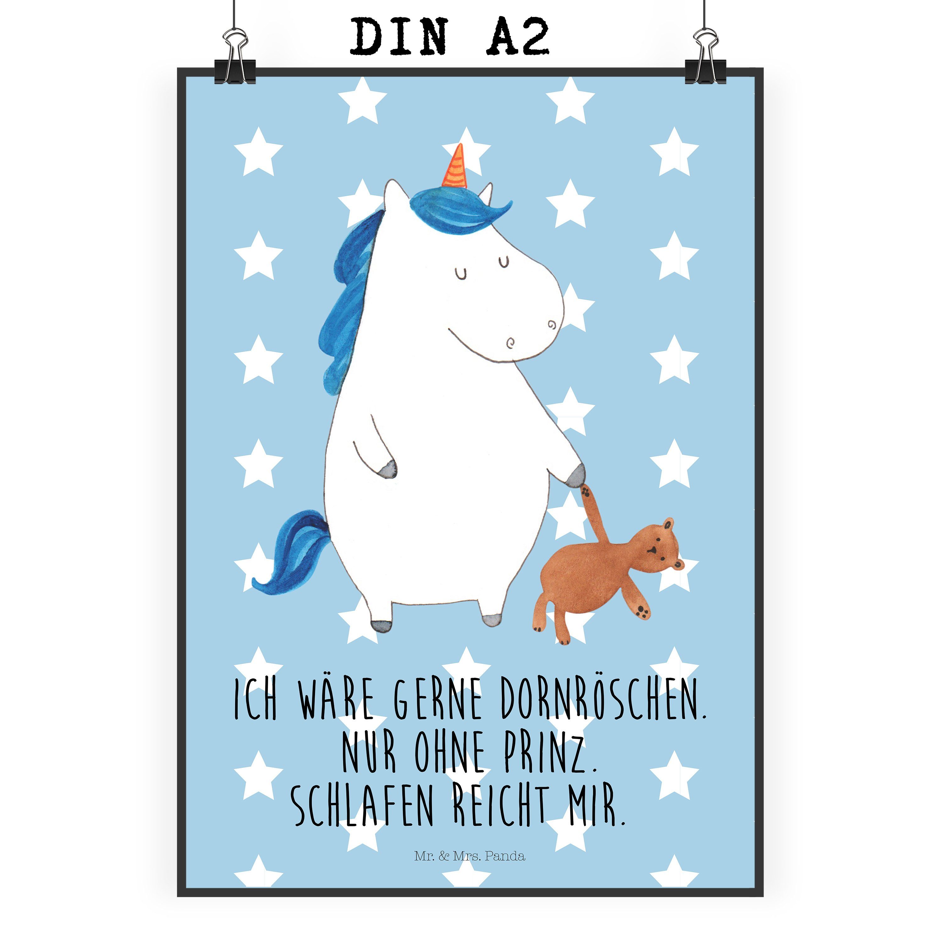 Mr. & Mrs. Panda Poster DIN A2 Einhorn Teddy - Blau Pastell - Geschenk, gute Nacht, Wanddeko, Einhorn Teddy (1 St)