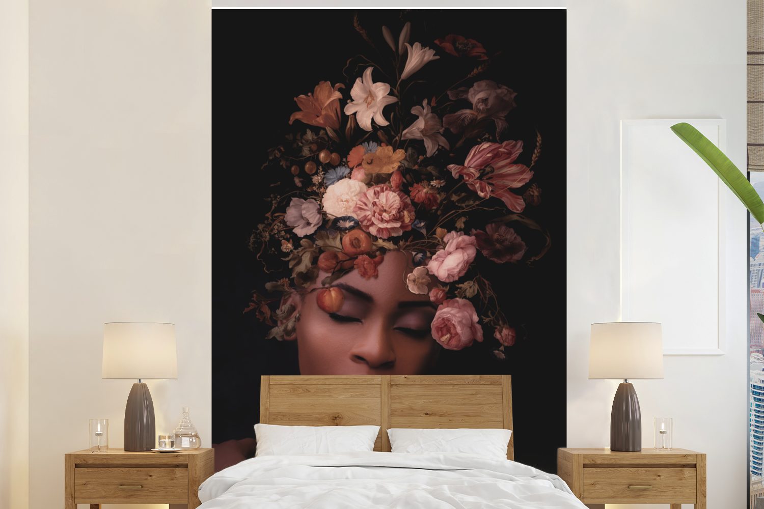 MuchoWow Fototapete Frauen - Blumen - Schwarz, Matt, bedruckt, (3 St), Montagefertig Vinyl Tapete für Wohnzimmer, Wandtapete