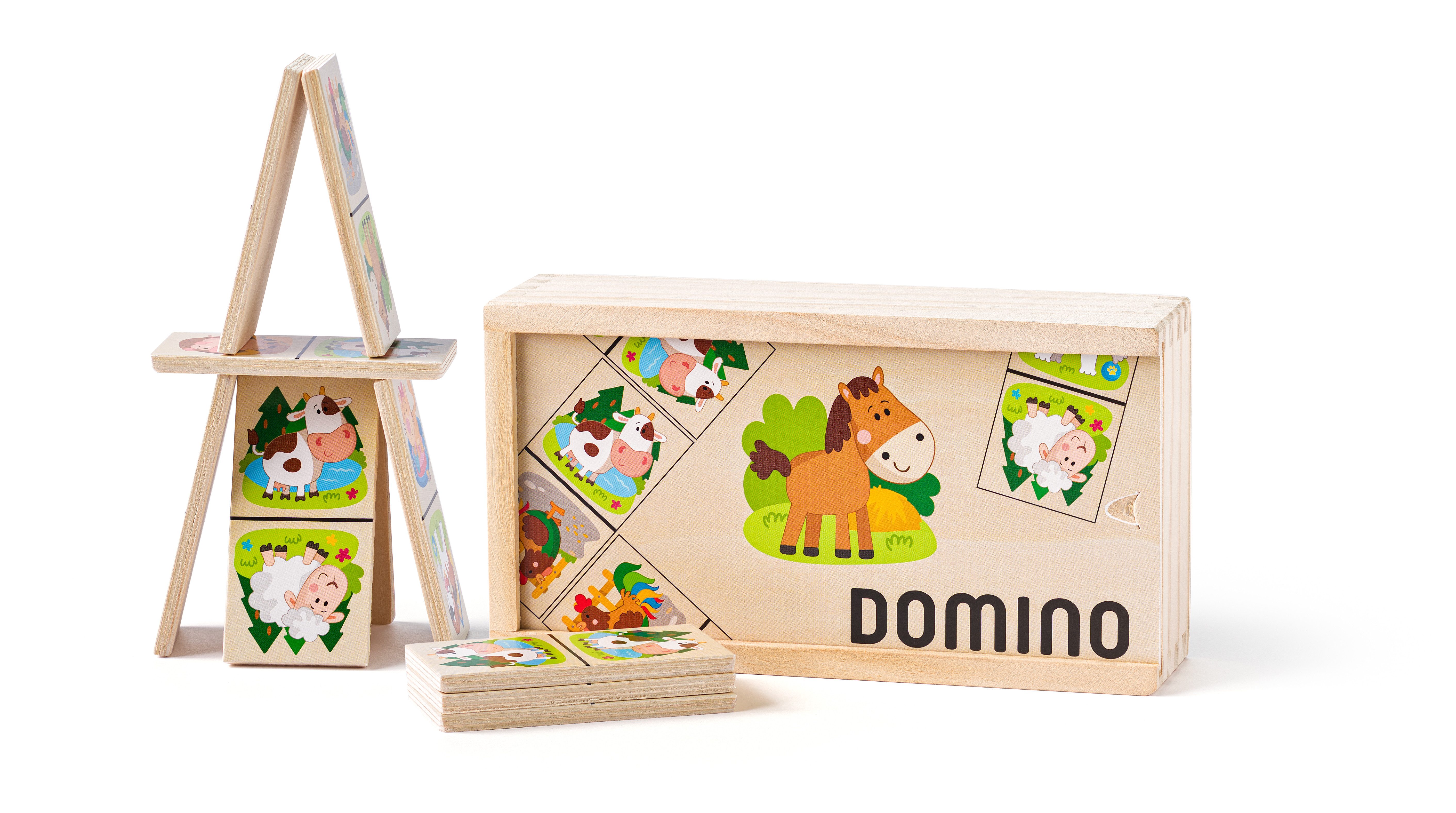 Woodyland Lernspielzeug Holz - DOMINO Legespiel "Farm Animals" in Holzbox mit Schiebedeckel (28-St)