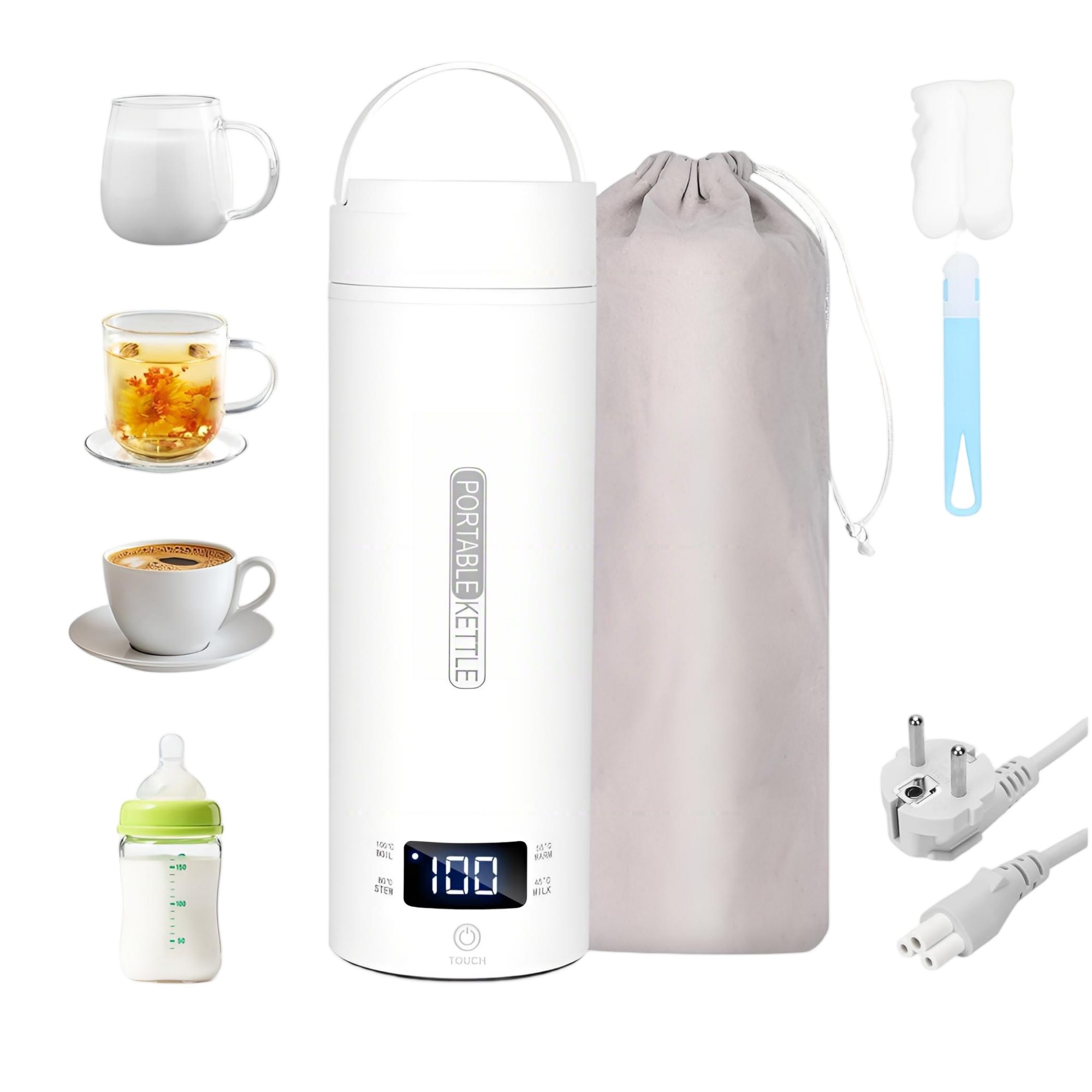 Toomoke Wasserkocher Tragbarer Wasserkocher,Reise-Wasserkocher,Thermobecher,Edelstahl, 300 W, 220V,500ml,Teekanne,Heizbecher,LCD-Temperaturanzeige,Geschenkset