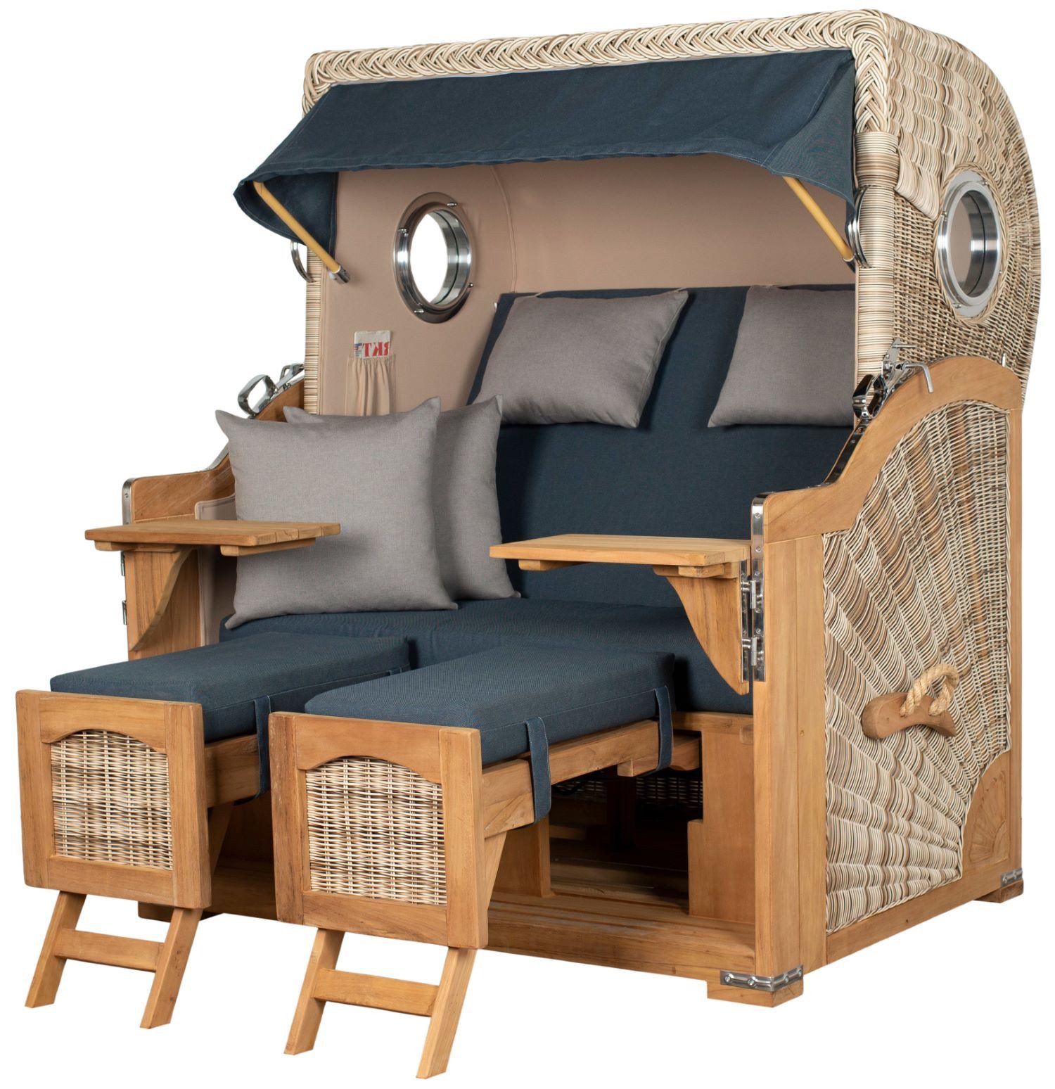 bene living Strandkorb Ammersee Grande XL Teak - PE shell - Modell 593, BxTxH: 142x95x165 cm, Volllieger ca. 175 Grad, Ostsee-Strandkorb Komplettset, inkl. Liftersystem und Bullaugen