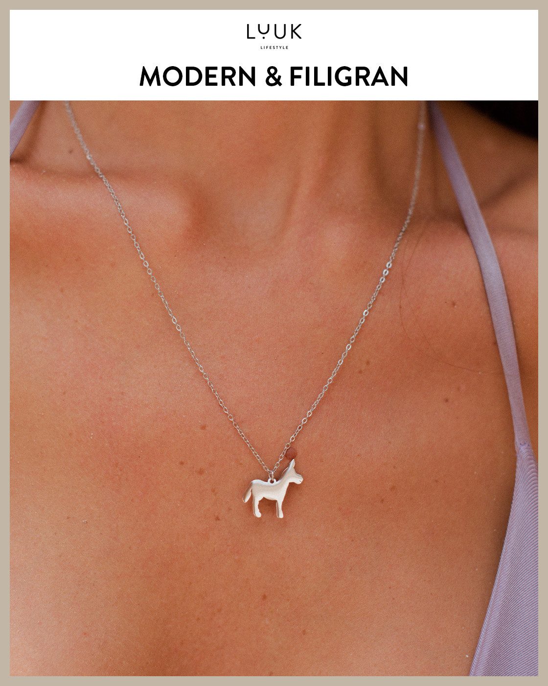 LUUK LIFESTYLE Kette mit Anhänger Esel, mit HAPPINESS Spruchkarte, zeitlos