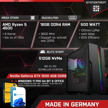 SYSTEMTREFF Basic Gaming-PC (AMD Ryzen 5 4500, GTX 1630, 16 GB RAM, 512 GB SSD, Luftkühlung, Windows 11, WLAN)