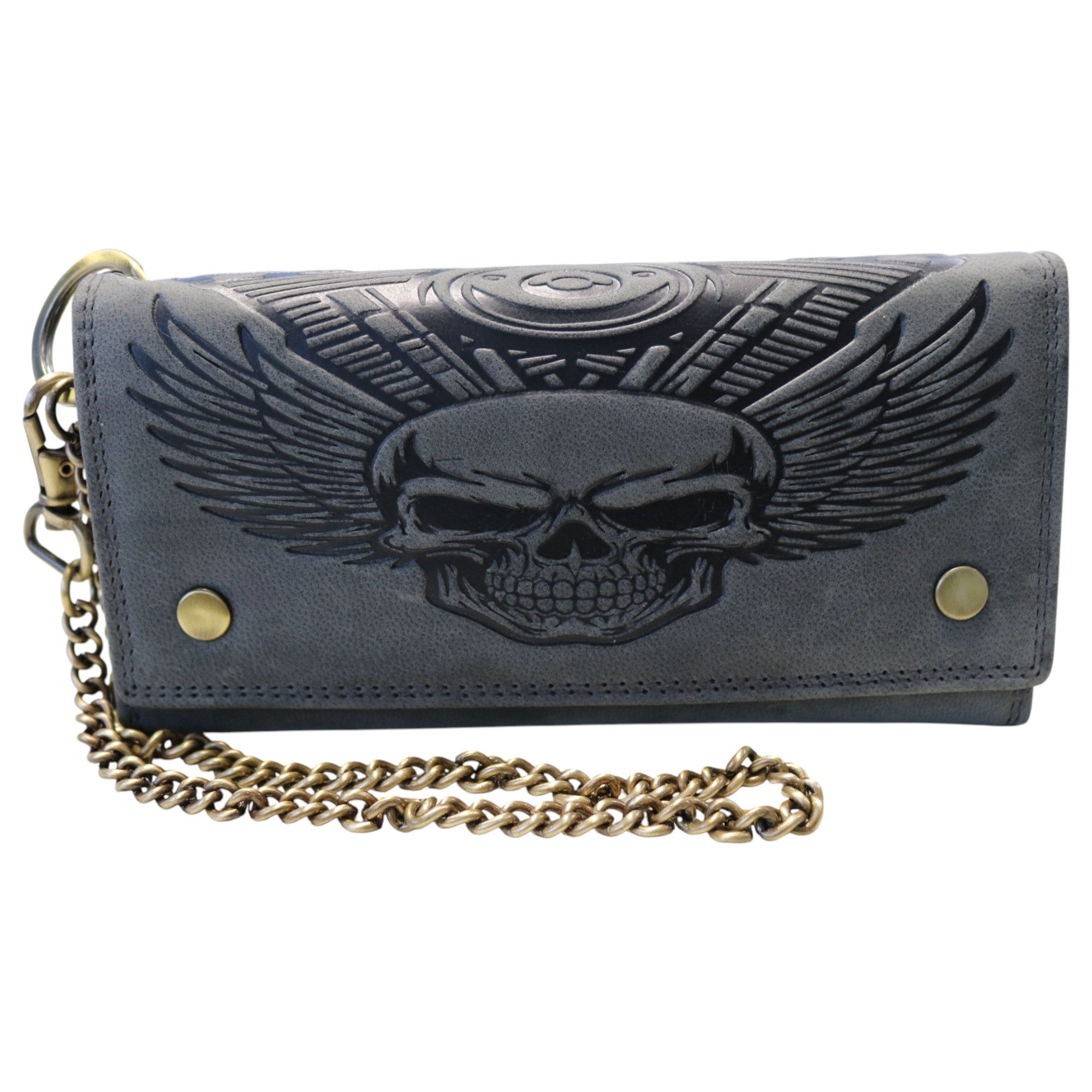 MDM Brieftasche Vintage Biker Kartenportemonnaie aus Leder mit Kette RFID, Echtleder, Totenkopf-Prägung