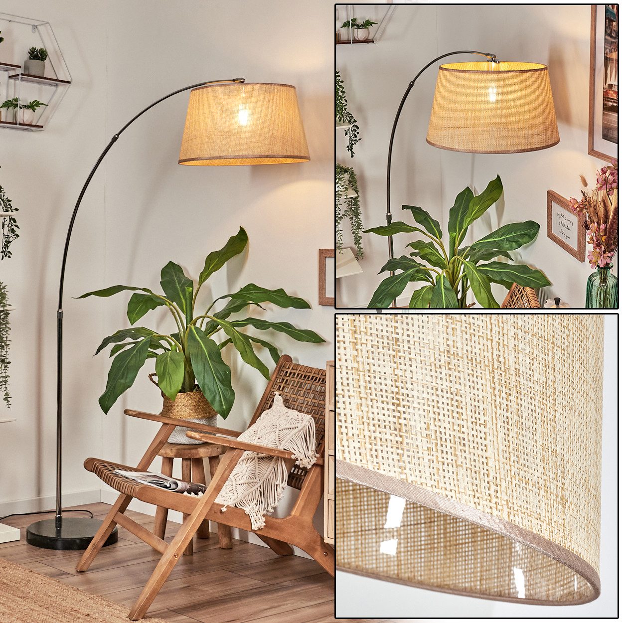 hofstein Bogenlampe Stehlampe aus Metall/Papiergeflecht/Stoff in Schwarz/Chrom/Natur/Beige, Stehleuchte im Boho-Design mit Marmorfuß u. Fußschalter (45 cm), E27