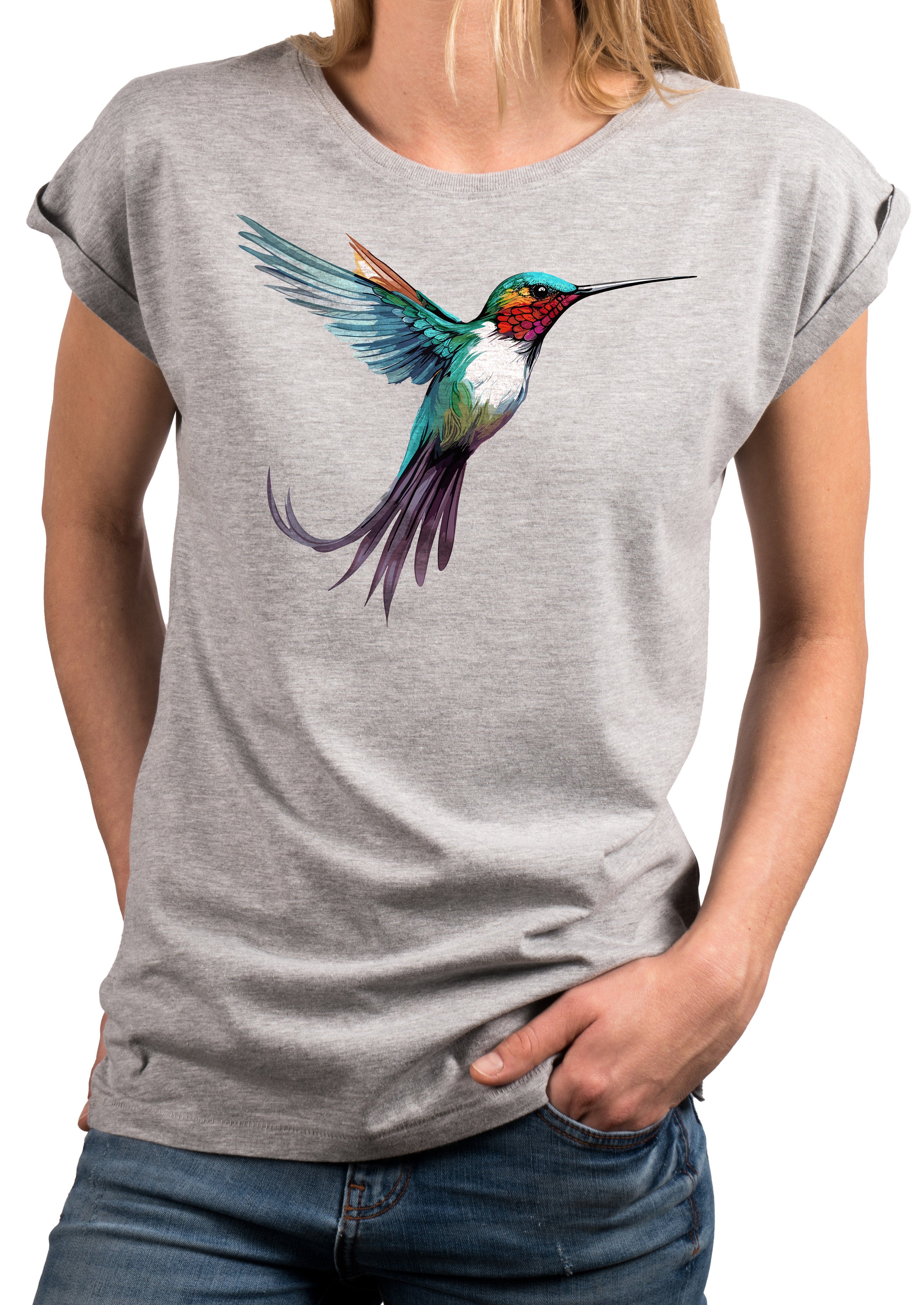 MAKAYA Print-Shirt Damen Tunika Motiv Sommer große Oversize, Vogel Kolibri Größen Druck Grau Top Kurzarmshirt
