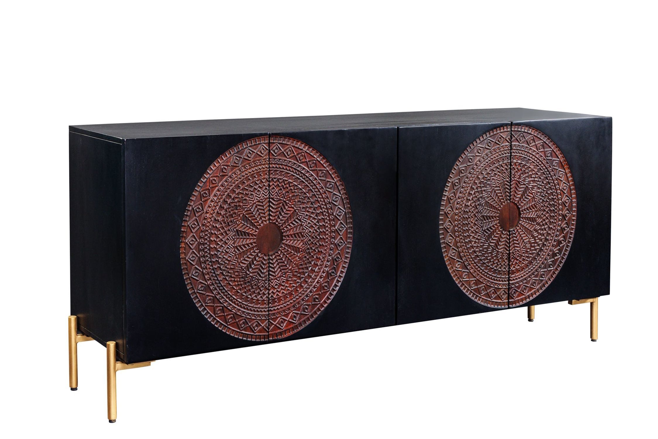 Licht-Erlebnisse Kommode RAINE, 160 cm Holz Metall in Schwarz Kupfer Gold Handarbeit Ornamente