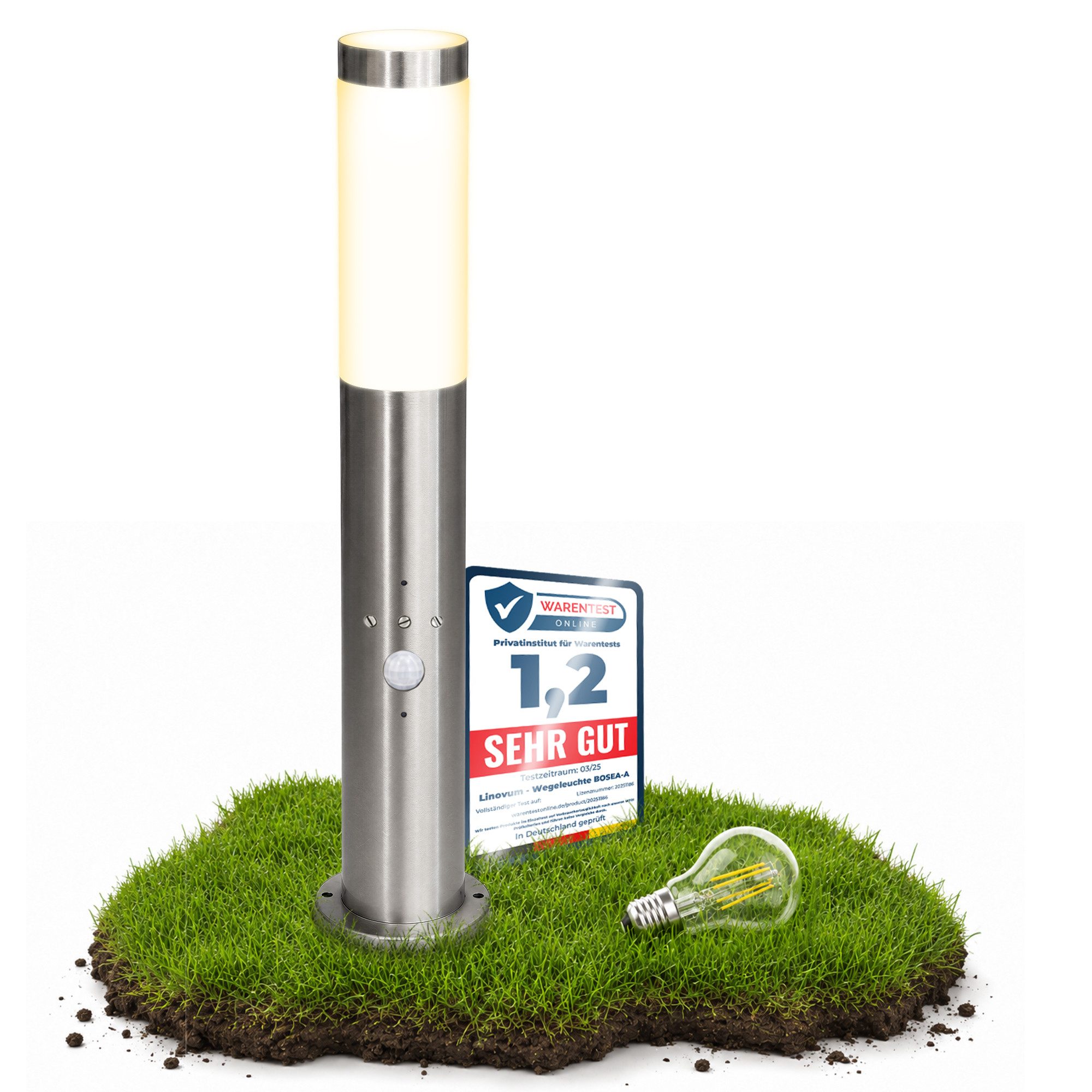 SSC-LUXon LED Pollerleuchte Wegeleuchte BOSEA-B mit Bewegungsmelder IP44 mit LED E27 warmweiß 4W, Warmweiß