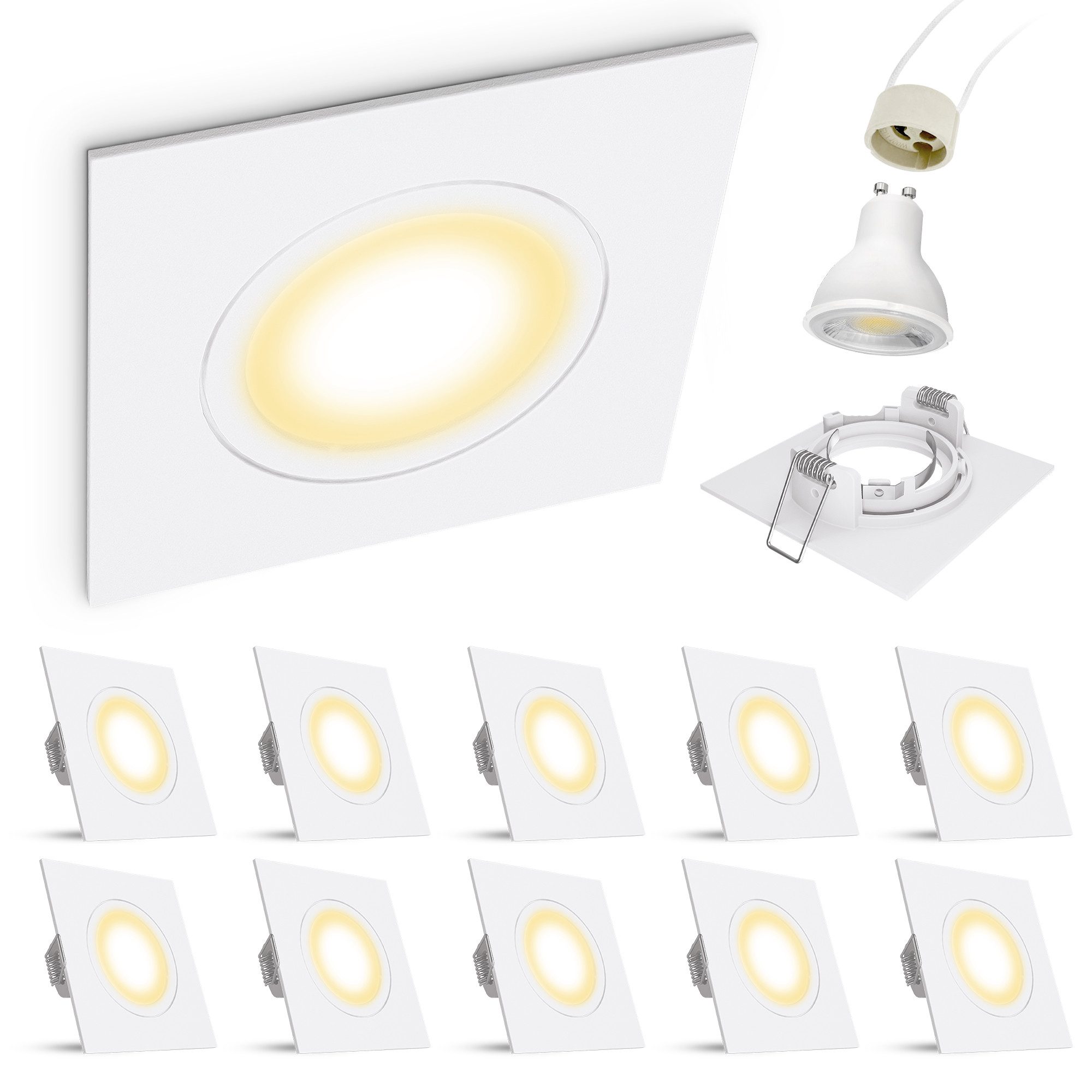 linovum LED Einbaustrahler 10x Set LED Einbauleuchte matt-weiss eckig starr inkl. LED GU10 5W, Warmweiß