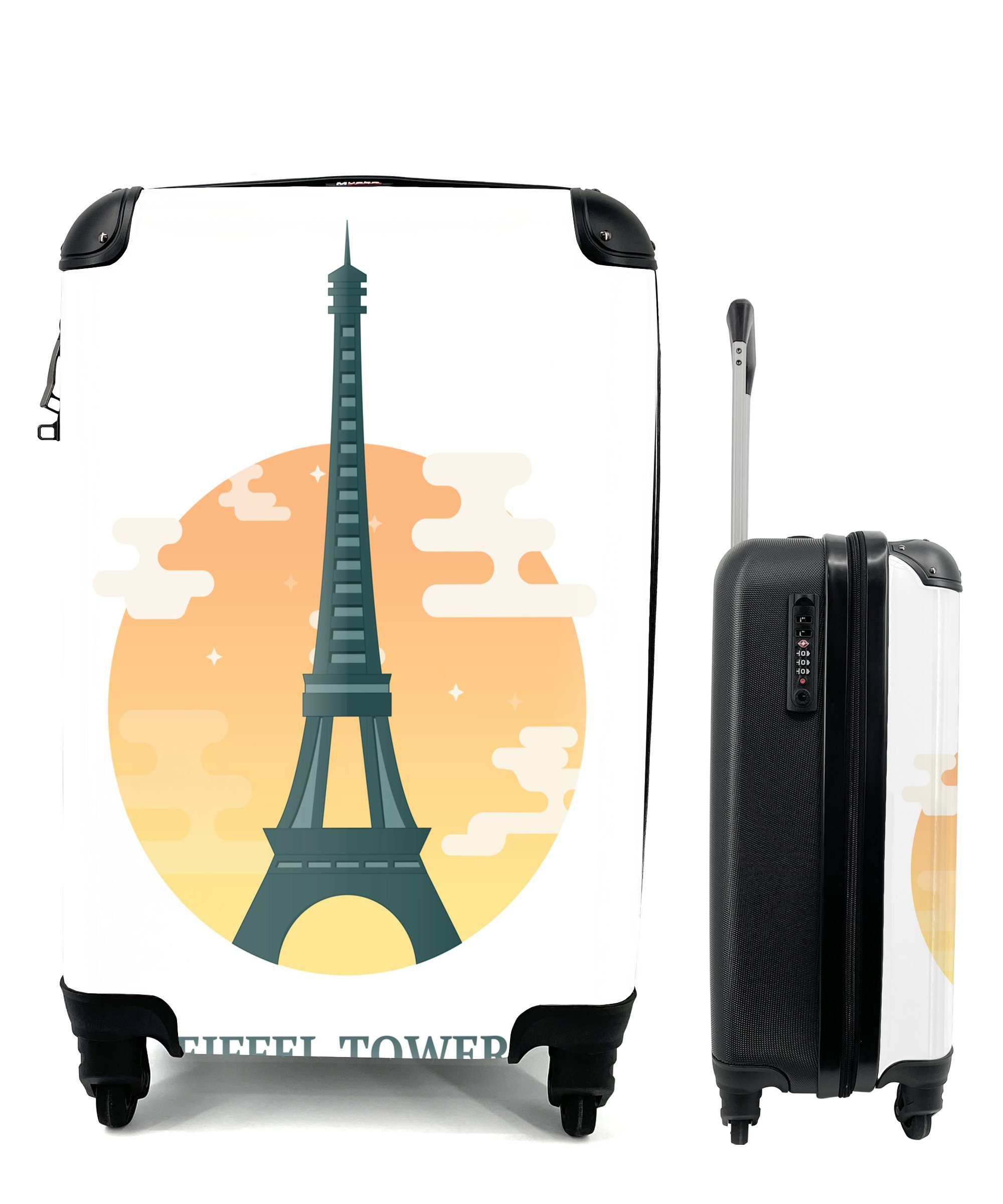 Hintergrund, Reisekoffer Illustration des Handgepäckkoffer Ferien, Rollen, Eine für Handgepäck Reisetasche als mit Eiffelturms Sonne rollen, MuchoWow mit 4 einer Trolley,