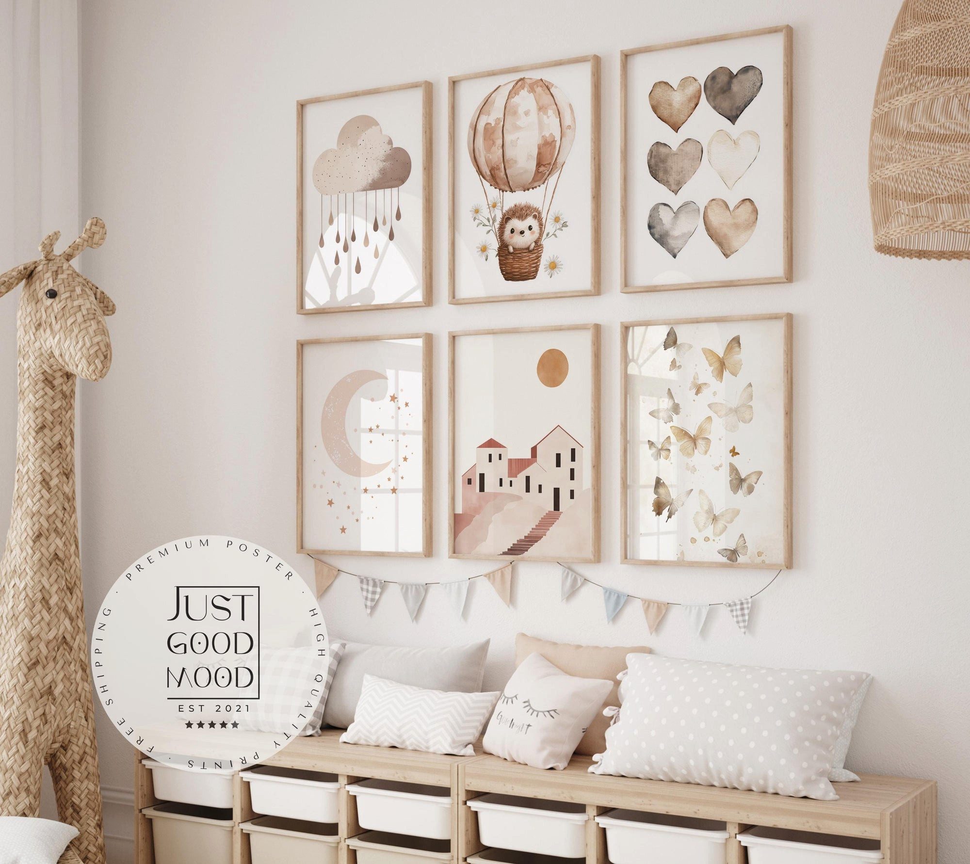 JUSTGOODMOOD Poster Boho Babyzimmer Poster · Wolke, Heißluftballon, Herzen, Mond und Ste, D (1 St), verschiedene Größen wählbar