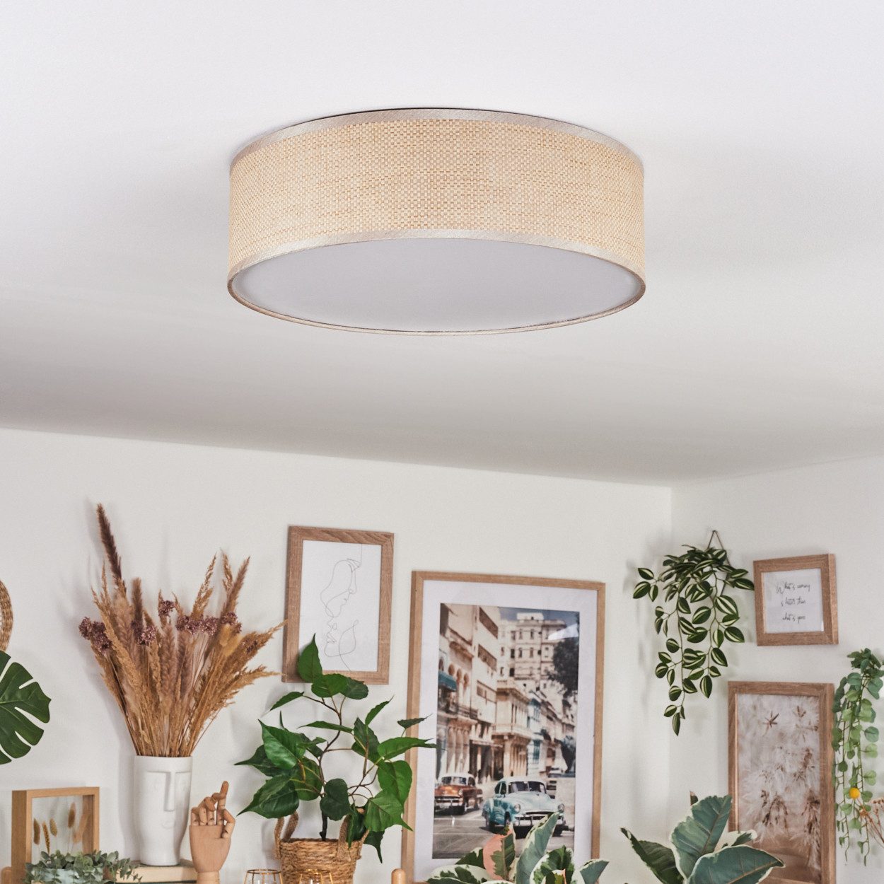 hofstein Deckenleuchte Deckenlampe aus Metall/Papiergeflecht/Kunststoff in Nickel/Beige/Weiß, ohne Leuchtmittel, runde Leuchte im Boho-Design (40 cm), E27, Essz – Bild 5 von 5