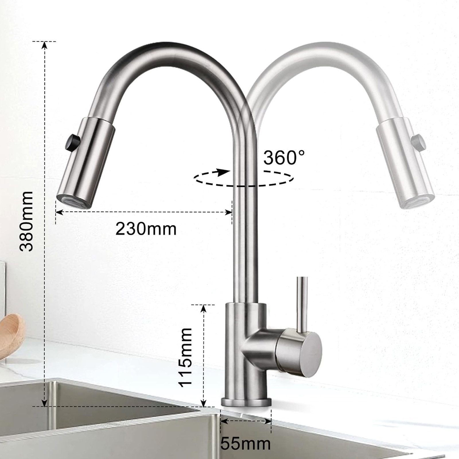 HOMELIVE Spültischarmatur Wasserhahn Küche ausziehbar Küchenarmatur mit 2 Strahlarten (1-St., kaltem und heißem Wasser Wasserhahn) Einhandmischer küchearmatur,Gebürstet