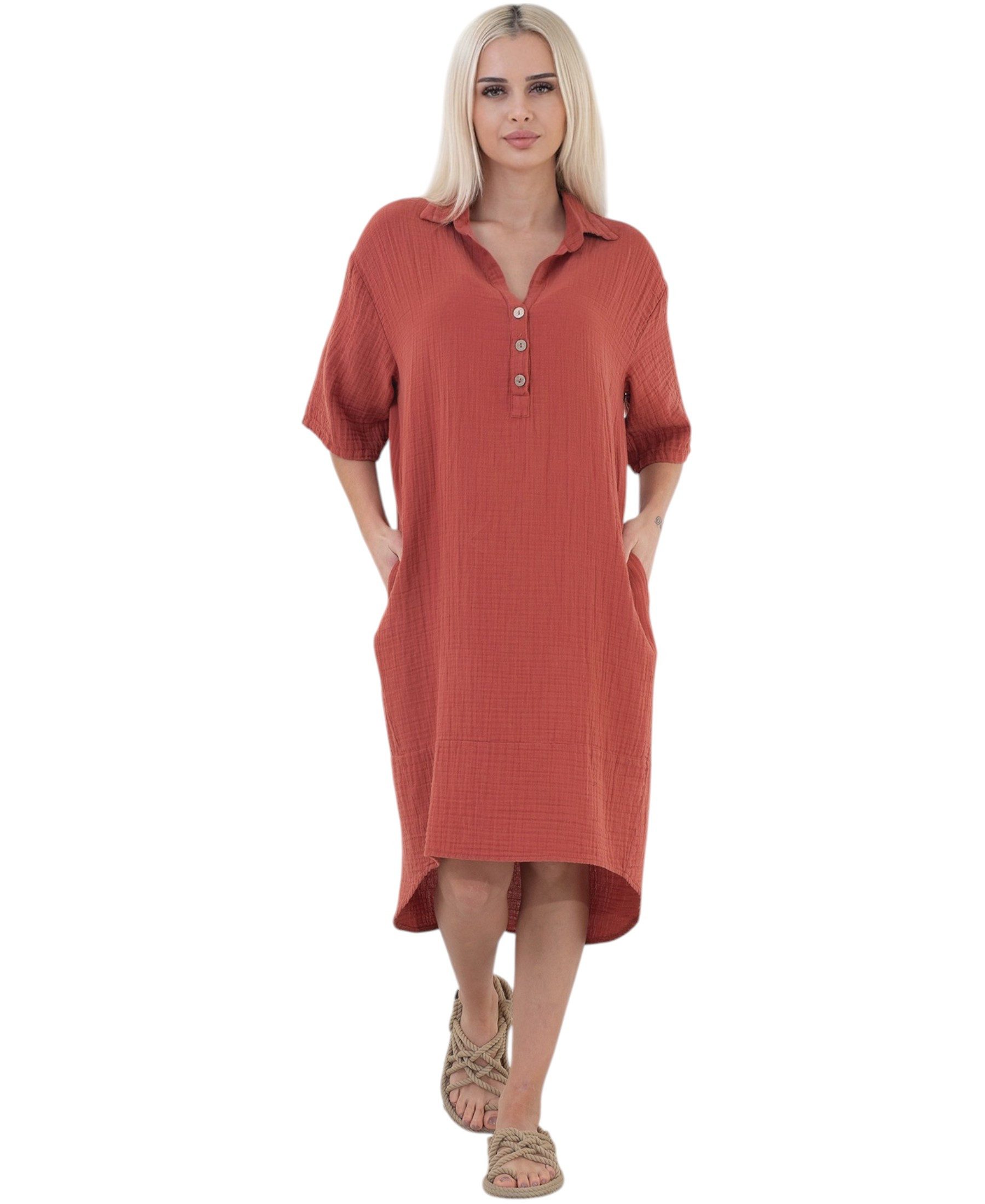 WENOR Blusenkleid Musselin Damen Tunika Kleid Baumwolle Oversize Sommerkleid Locker geschnitten mit Hemdkragen, Knopfleiste und Seitentaschen