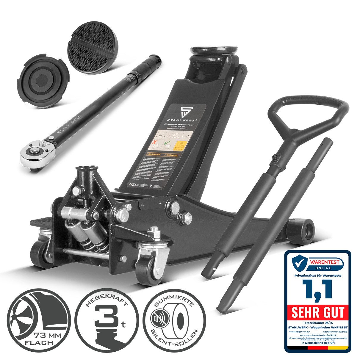 STAHLWERK Wagenheber Reifenwechsel Set Wagenheber WHB-73 ST mit 3 t Tragkraft, Set, 3-tlg., Set, äußerst geringe Geräuschemissionen