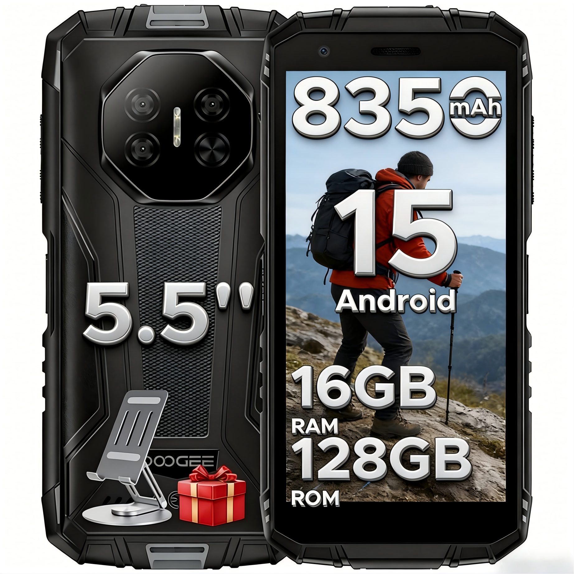 DOOGEE Fire 3 Pro inkl. Handyhalterung 8350mAh 128GB Outdoor Handy 5.5'' Smartphone (14 cm/5.45 Zoll, 128 GB Speicherplatz, 16 MP Kamera, Android 15, Gemini Al, Unisoc T7200, 16MP Camera, Dual SIM 4G)