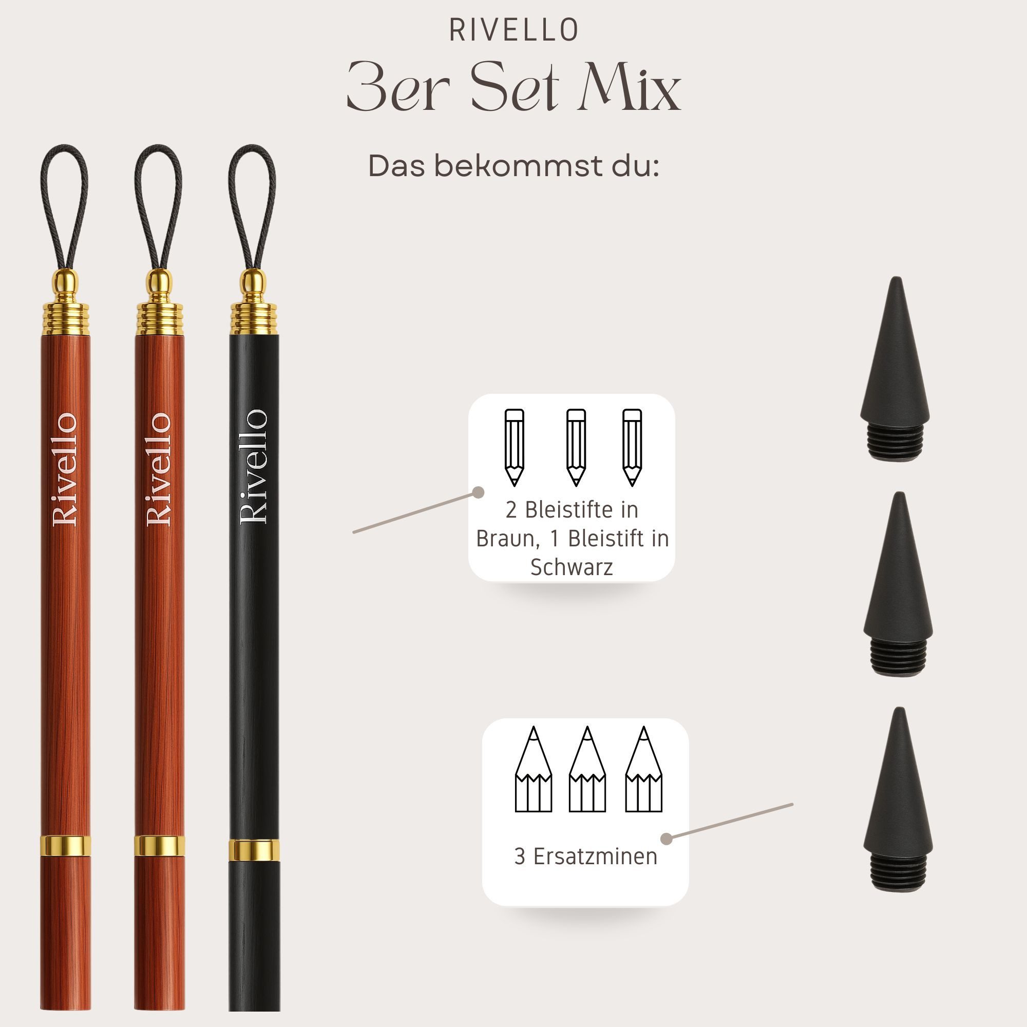 Rivello - Home & Living Bleistift aus Holz – schreibt ohne Anspitzen – mit Ersatzminen – Braun & Schwarz, (3-tlg)