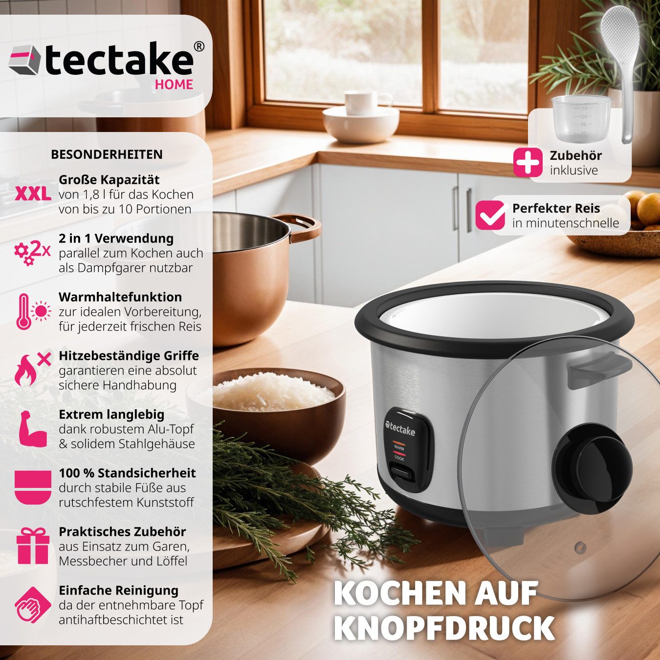 tectake Reiskocher Dampfgarer mit Dampfgareinsatz, 1,8 l, Warmhaltefunktion, 700 W, Warmhaltefunktion, hitzebeständige Griffe