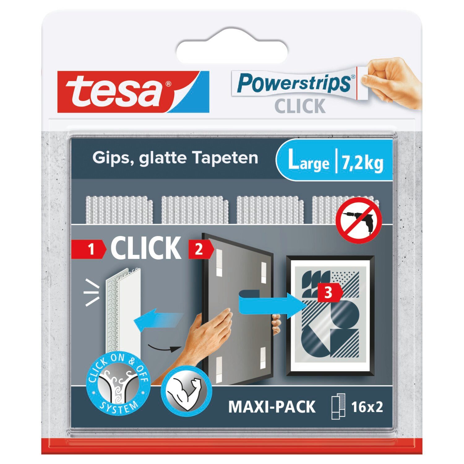 tesa Klebehaken, (Packung, 1-St., 32 Strips zum An- und Abklicken von Bildern oder Wanddeko), Größe L, starker Halt ohne Bohren, wiederablösbar, mehrfach verwendbar