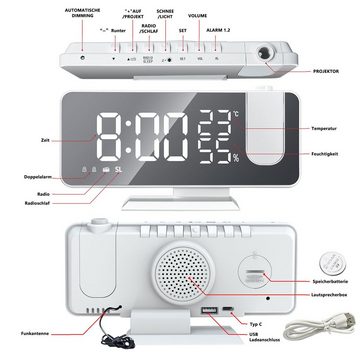 REDOM Projektionswecker Digital Wecker Radiowecker Digitalwecker Projektion LED Alarm Radio ohne Akku Projektion 180 ° Dual-Alarm Temperatur 12/24H USB-Anschluss