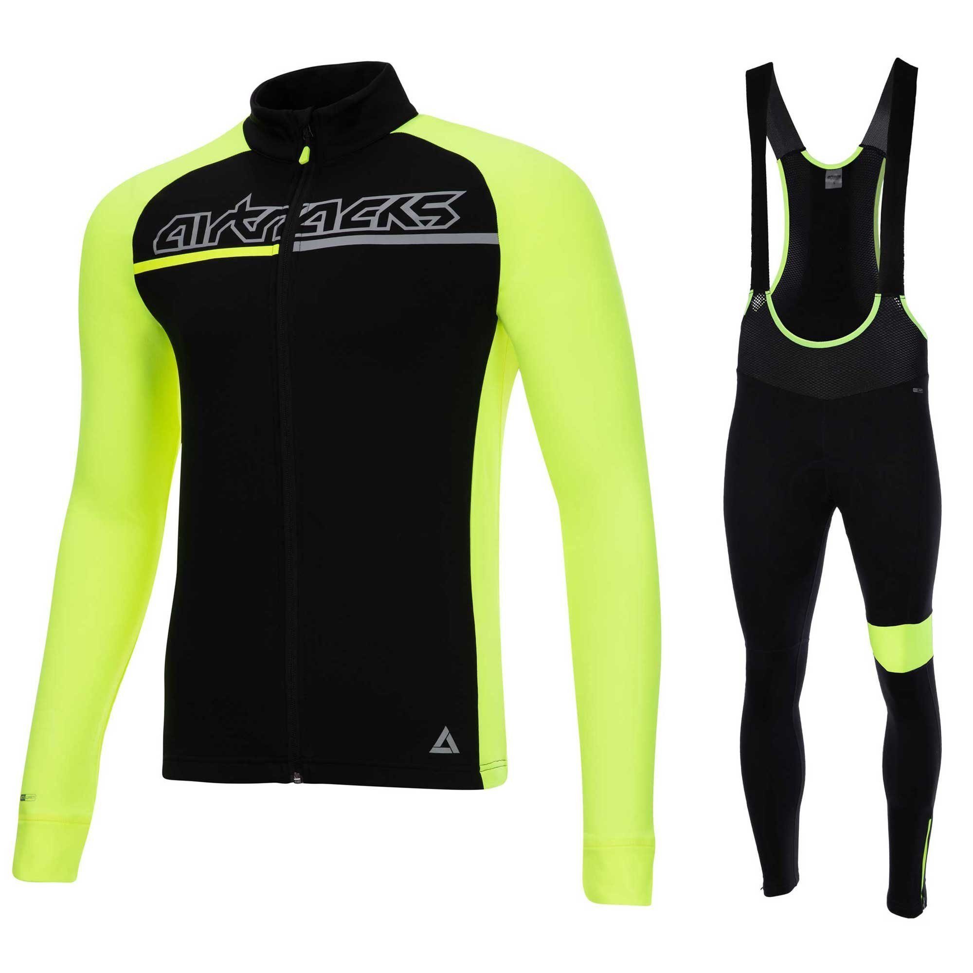 Airtracks Fahrradhose Herren Winter + M für Thermo (Fahrradtrikot XXL XXXL Set L Herbst-Winter XL Pro Set, Langarm, « schwarz-neon » 2-tlg) Fahrradhose S lang Thermo Fahrradtrikot Team Radtrikot