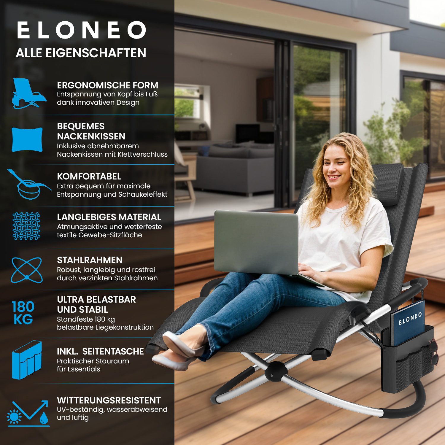 ELONEO Gartenliege Schaukelliege Outdoor mit Tasche, Strandliege klappbar bis 180 kg, Schaukelsessel, Liegestuhl wetterfest, Sonnenliege für Garten & Balkon