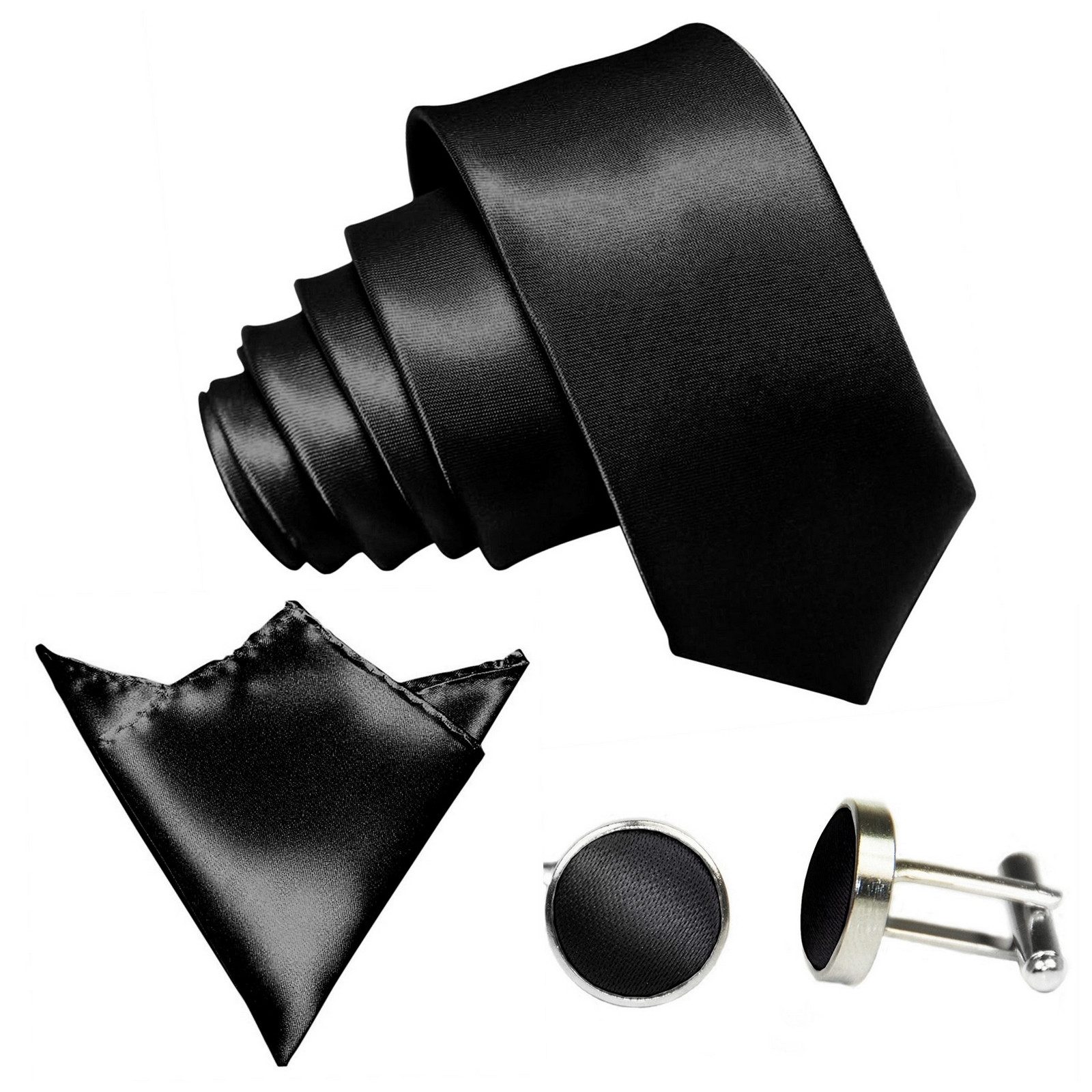 GASSANI Krawatte Satin Hochzeitskrawatte, Herren-Krawatte Hochzeit Schlips z Anzug (Set, 3-St., Krawattenset, mit Einstecktuch, Manschettenknöpfe) 8,5cm Breite, Uni, Seide-Touch-Finish, Tuch