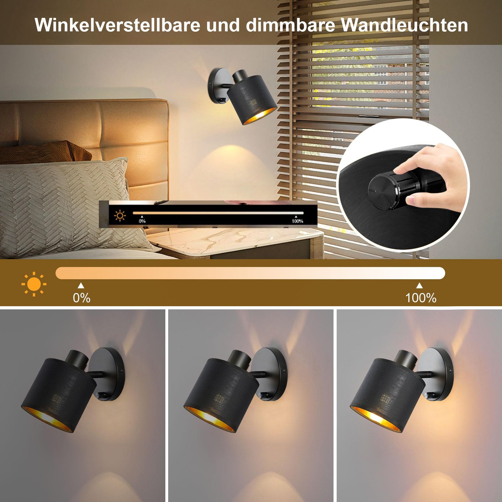 Rosnek LED Wandleuchte Wandlampe innen dimmbar mit Schalter E27 40W inkl. Leuchtmittel, LED wechselbar, Wandleuchte mit beige Leinenschirm für Schlafzimmer Wohnzimmer Flur