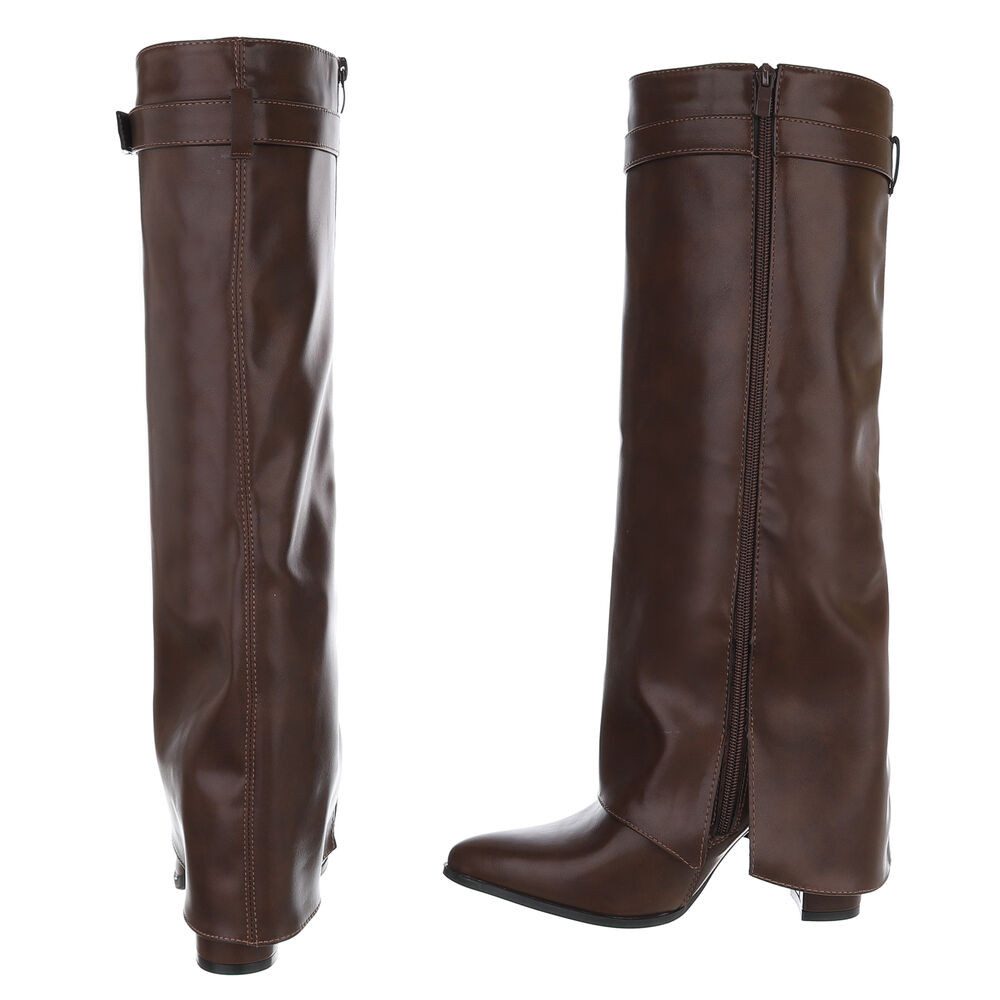 Ital-Design Elegante kniehohe Stiefelette mit Blockabsatz für Damen High-Heel-Stiefel (89852586) Blockabsatz Stiefel in Braun