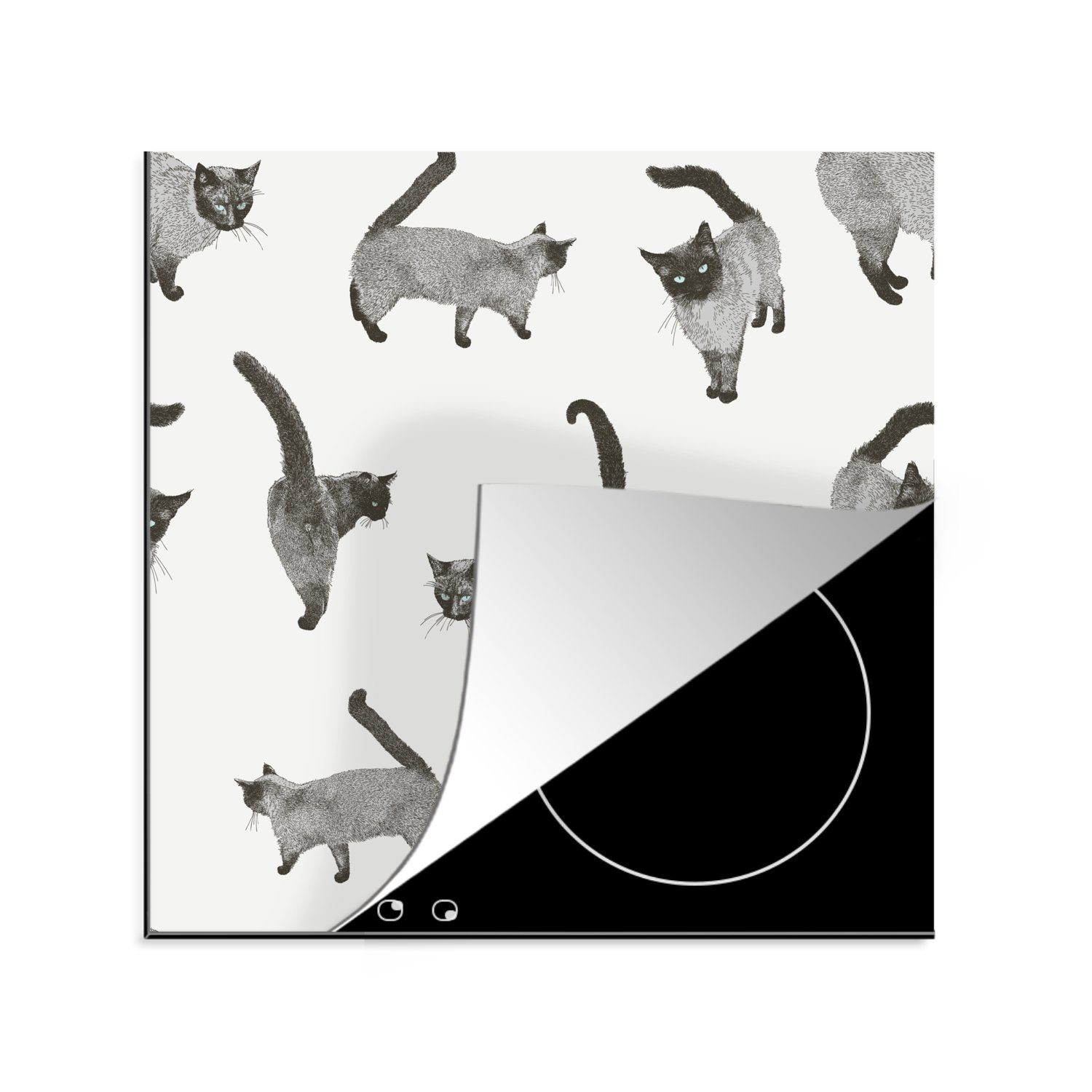 MuchoWow Herdblende-/Abdeckplatte Katzen - Muster - Grau, Vinyl, (1 tlg), 78x78 cm, Ceranfeldabdeckung, Arbeitsplatte für küche