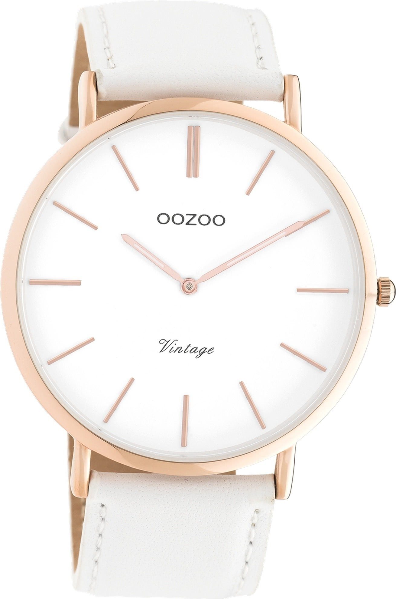 OOZOO Quarzuhr Oozoo Damen Armbanduhr Vintage, (Analoguhr), Damenuhr rund, groß (ca. 44mm), Lederarmband weiß, Fashion