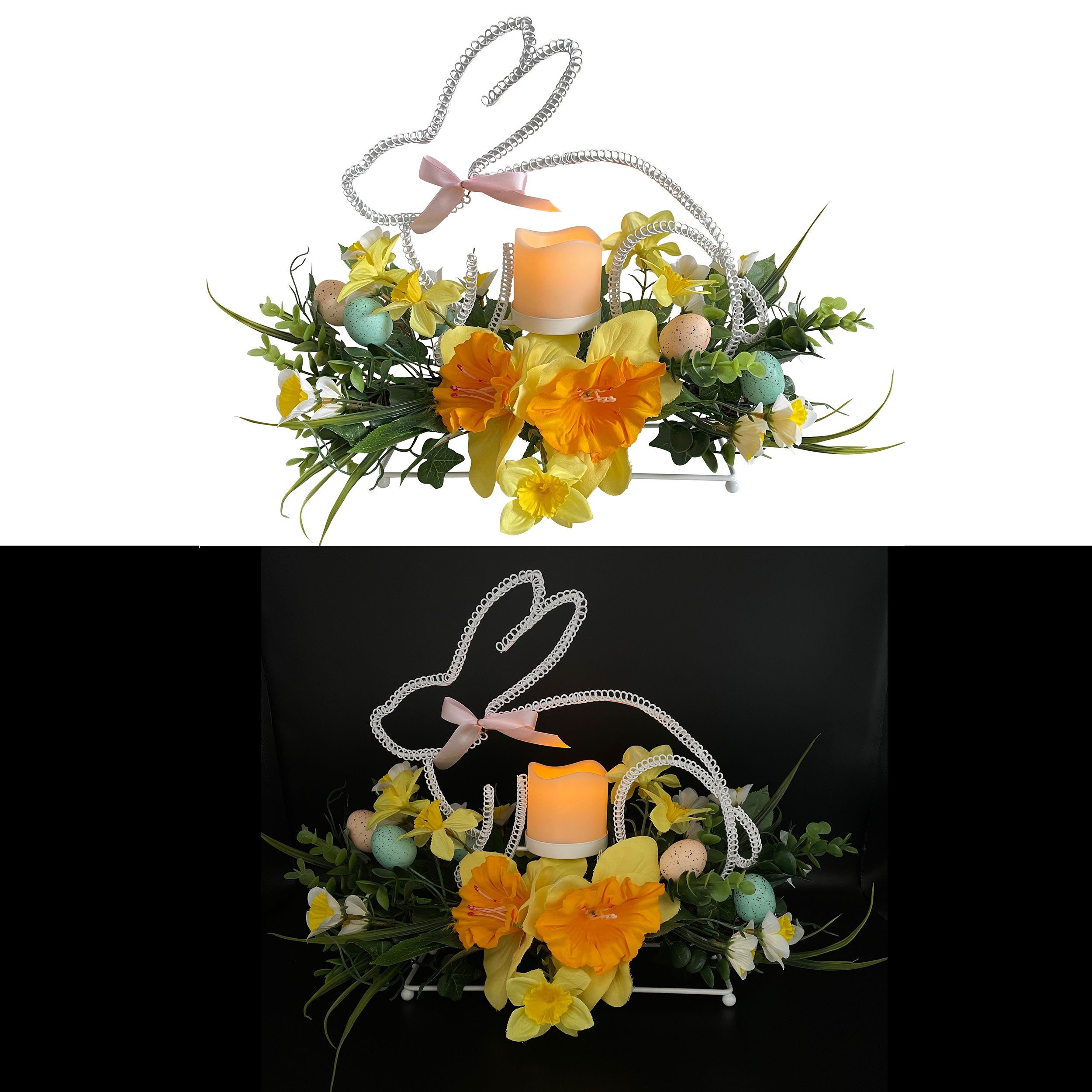 Online-Fuchs Osterhase aus Metall mit künstlichen Blumen, Ostereiern, LED-Kerze und Timer (Blumenarrangement, warmweiße LED-Flamme), Tischgesteck aus Narzissen, grünem Blattwerk und Ostereiern