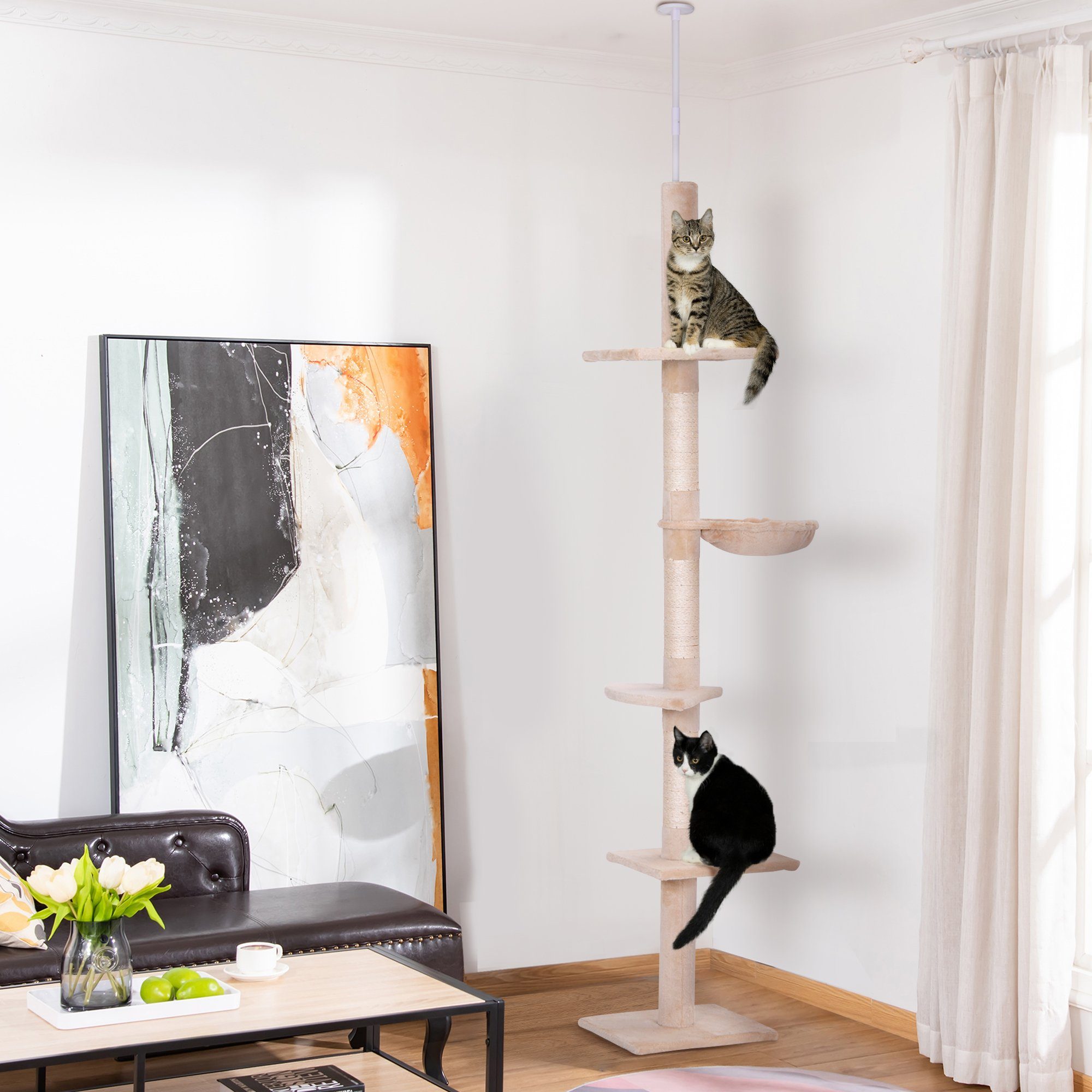 PawHut Kratzbaum Deckenhoch höhenverstellbar, Katzenbaum mit Sisalsäulen, für Garten, Balkon, Beige