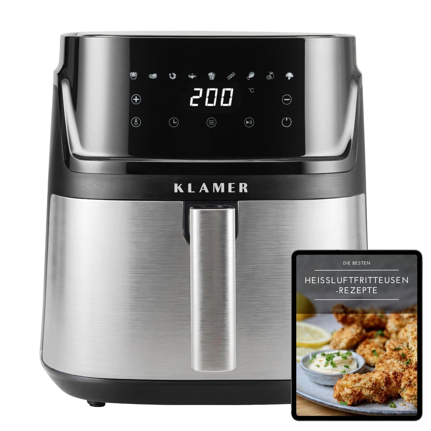KLAMER Heißluftfritteuse XXL 7,2L, 1650W, 9 Kochprogramme Airfryer, Edelstahl, 1650 W, 9 Kochprogramme, Akustische Schüttelerinnerung, Herausnehmbares Gitter