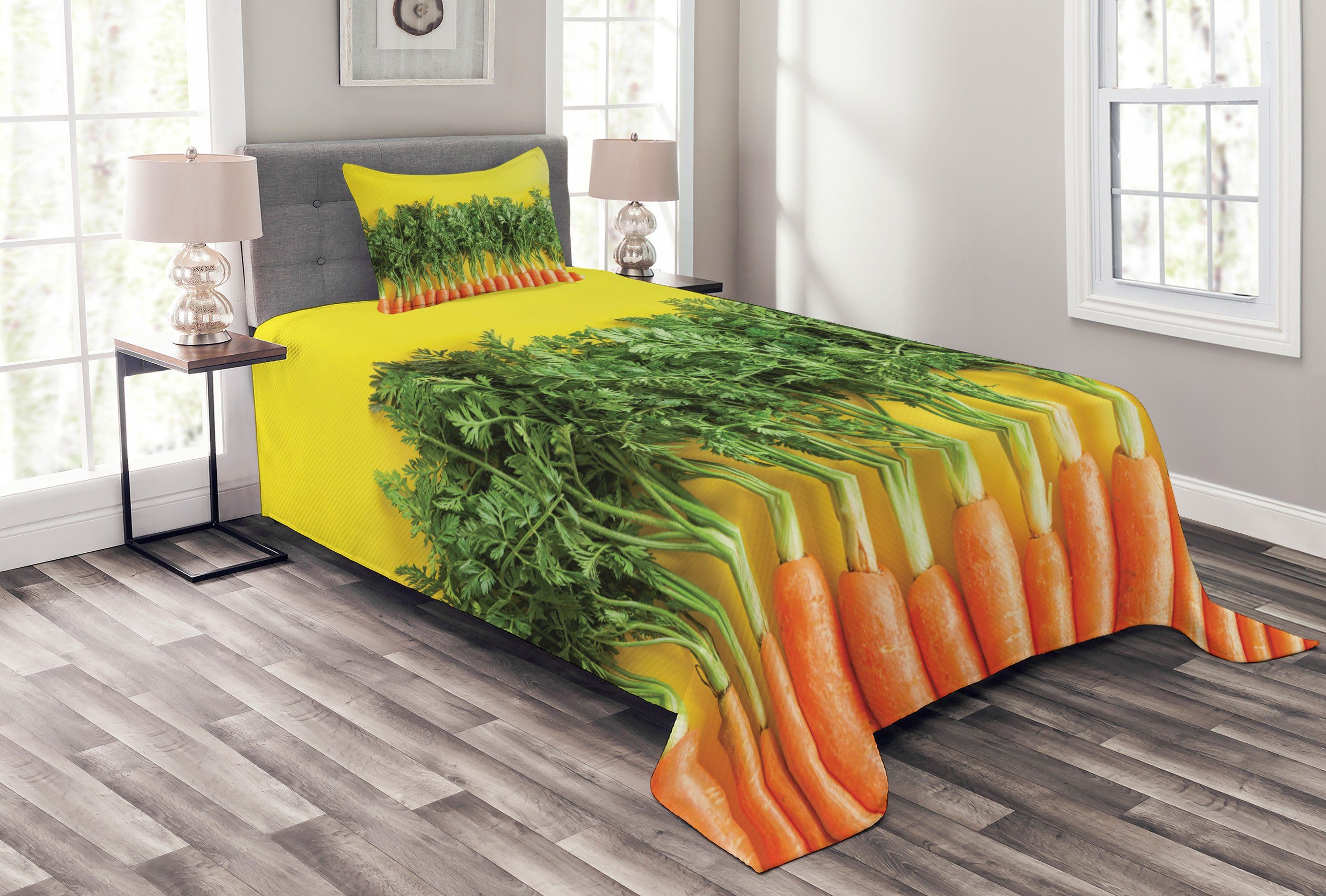Tagesdecke Set mit Kissenbezügen Waschbar, Abakuhaus, Natürliche Farbe Karotten in einer Reihe Kunst