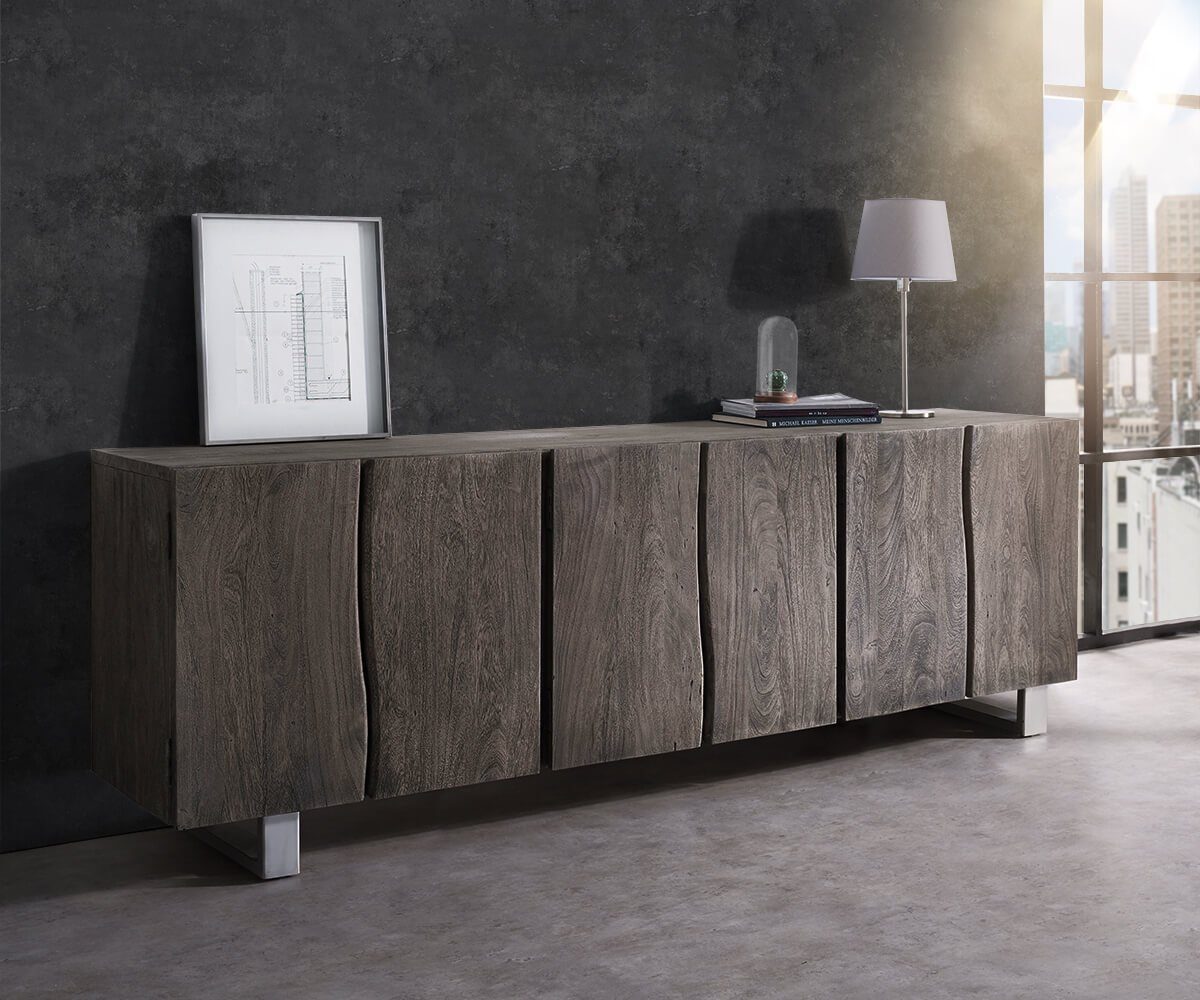 DELIFE Sideboard Live-Edge, Akazie Platin 220 cm 6 Türen Massivholz Baumkan günstig online kaufen