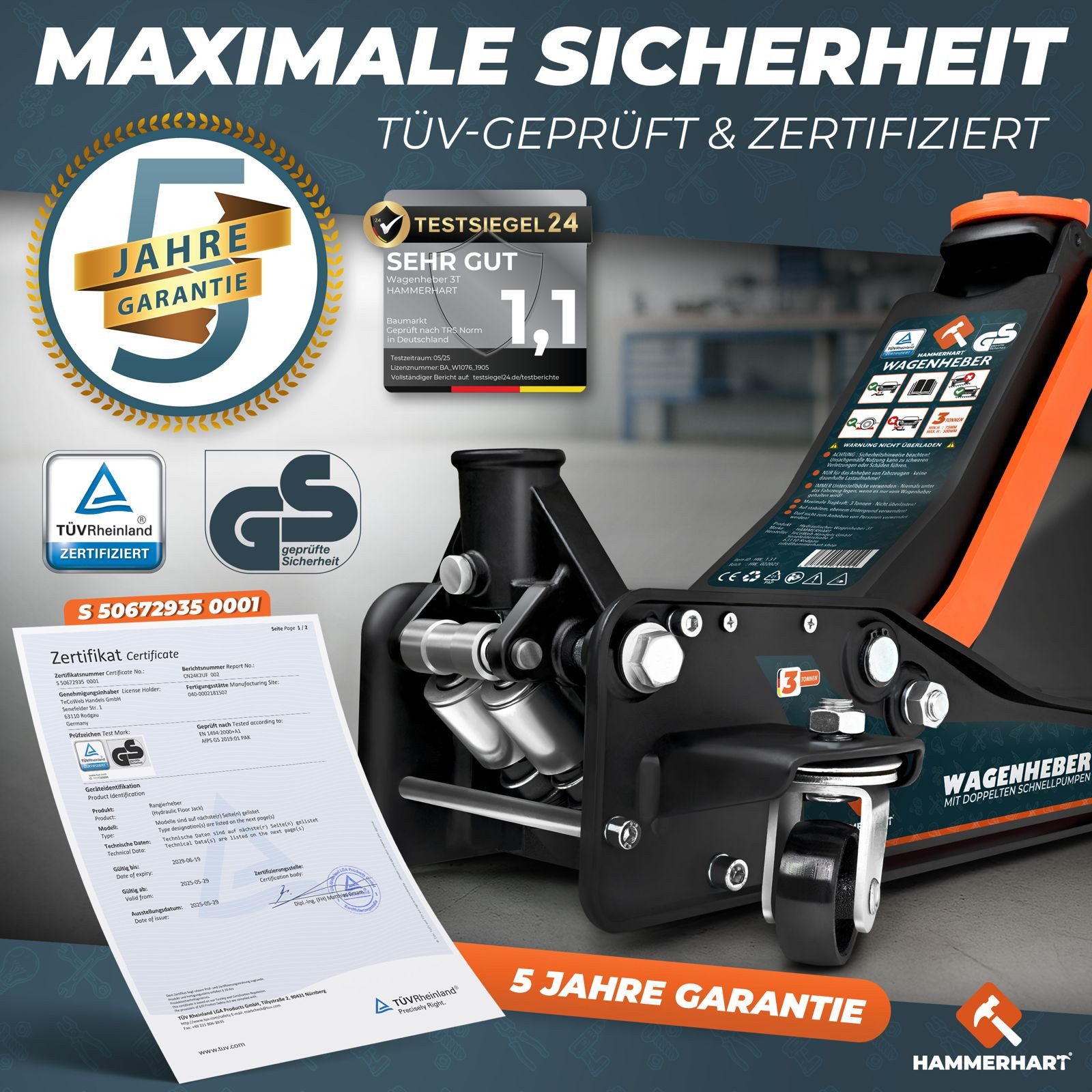 HAMMERHART Wagenheber Hydraulischer Wagenheber 3T, TÜV geprüft, 75–505 mm, max. Hubhöhe: 50,5 cm, Premium Wagenheber für alle PKWs bis 3 Tonnen, Premium Wagenhe – Bild 4 von 5