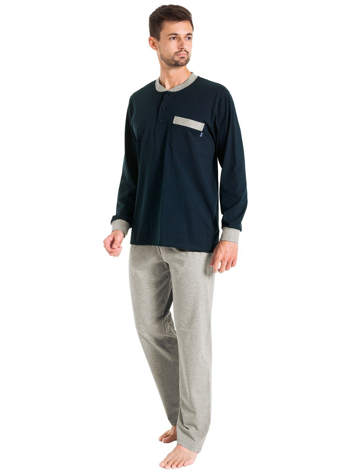navy KUMPF Markenqualität Pyjama (Stück, 1 hohe Cotton Set langarm Pyjama Bio tlg) Herren