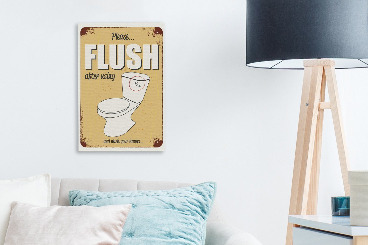 OneMillionCanvasses® Leinwandbild Ein Poster mit Flush, und cm (1 St), bespannt Gemälde, Toilette inkl. fertig 20x30 dem einer Zackenaufhänger, Text Leinwandbild