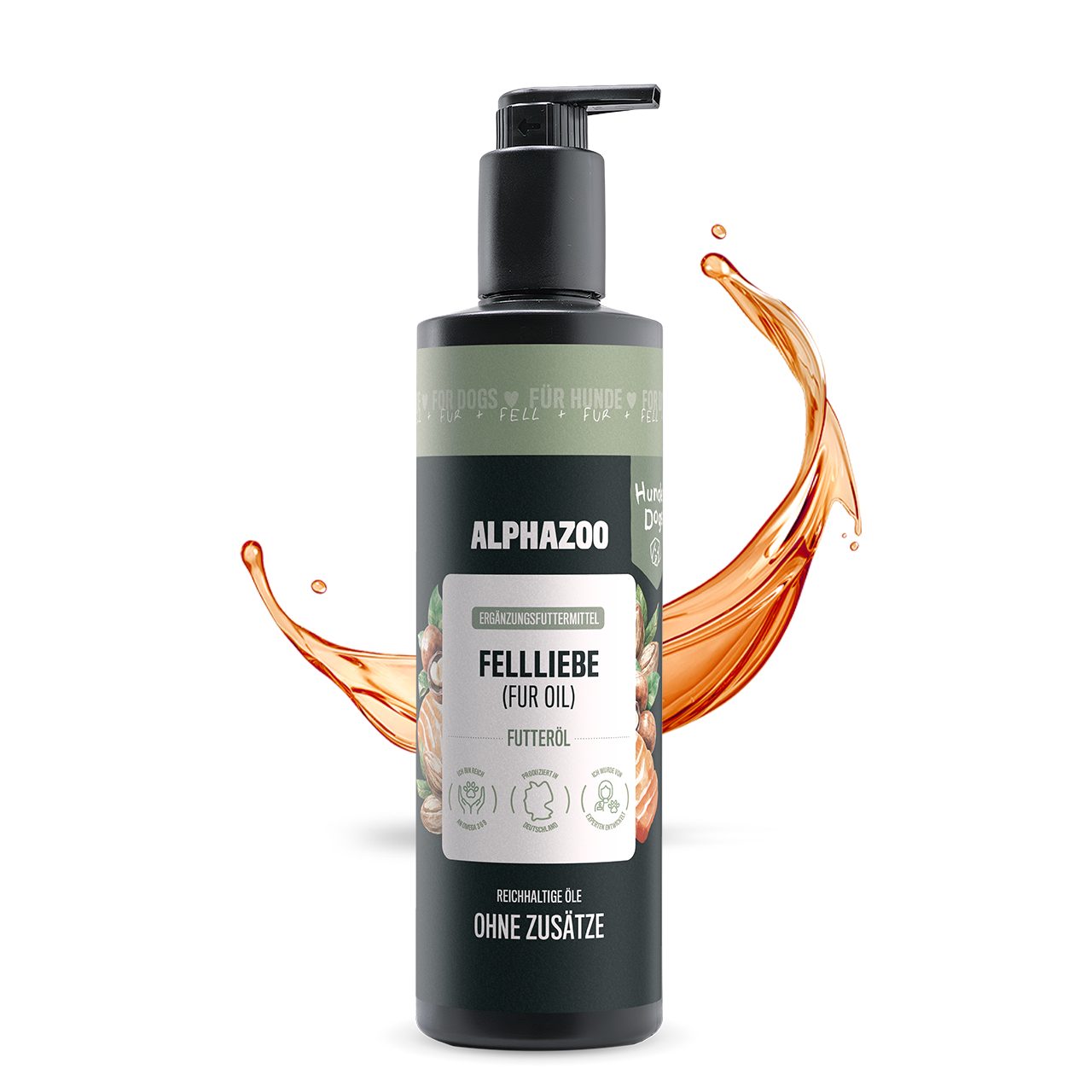 ALPHAZOO Fellliebe Futteröl für Hunde 500ml, Haut und Fell Futteröl mit Omega-3, Ergänzungsfutter für: Hunde, Premium Ölmischung mit Lachsöl für glänzendes Fell